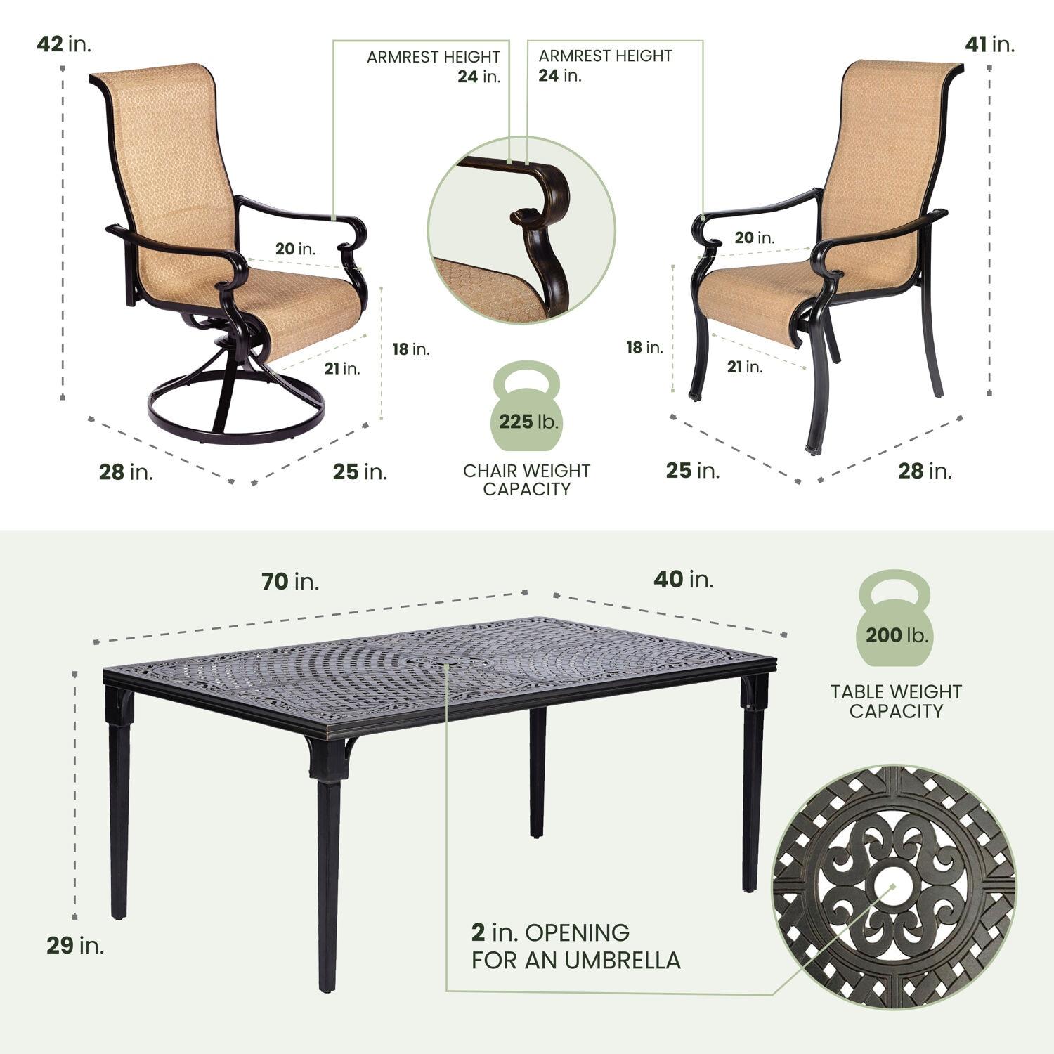 Hanover Brigantine Juego de Comedor Moderno para Exteriores de 7 Piezas / 4 Sillas con Cabestrillo, 2 Balancines Giratorios / Mesa con Tapa de 40'' x 70'' / Clima, Xido, Resistente a UV / Bronceado / BRIGDN7PCSW-2