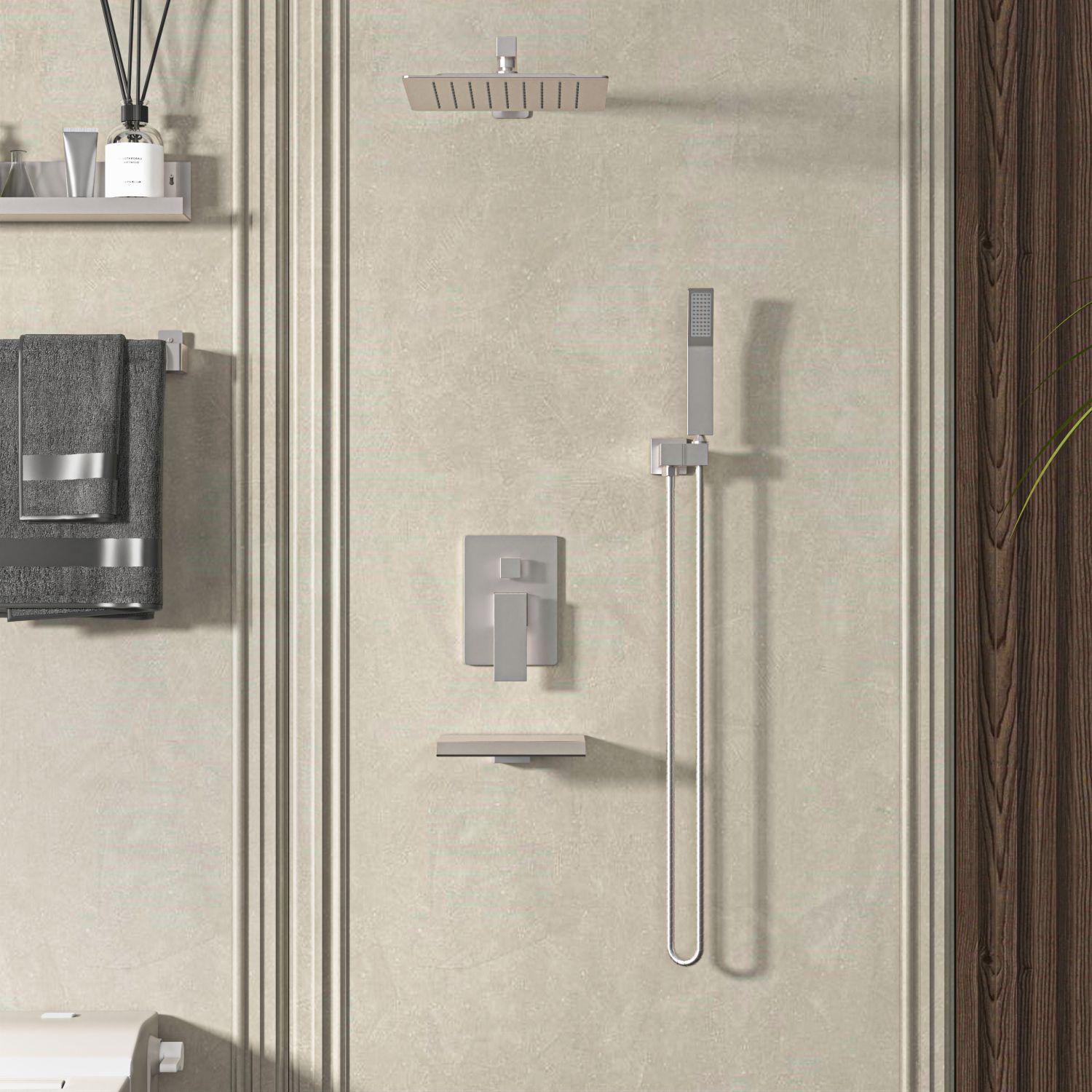 Fithood Rain Shower System Brushed Nickel Tub Shower Faucet Set 10 Inch Square Rainfall Shower Head with Handheld Sprayer and Waterfall Tub Spout Pressure Balance Rough-in Valve Shower Mixer Combo