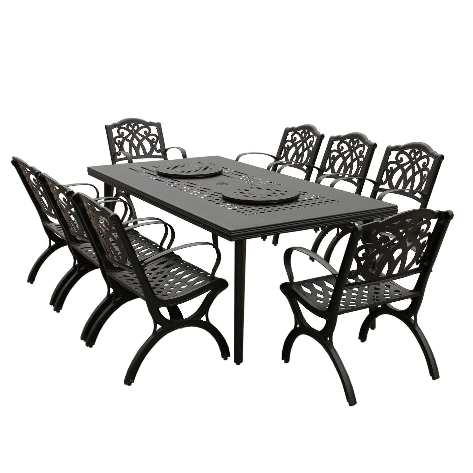 9pc Outdoor Dining Set with 84" Modern Ornate Mesh Aluminum Large Rectangular Table & Luxury Chairs - Black - Oakland Living: UV-Resistant