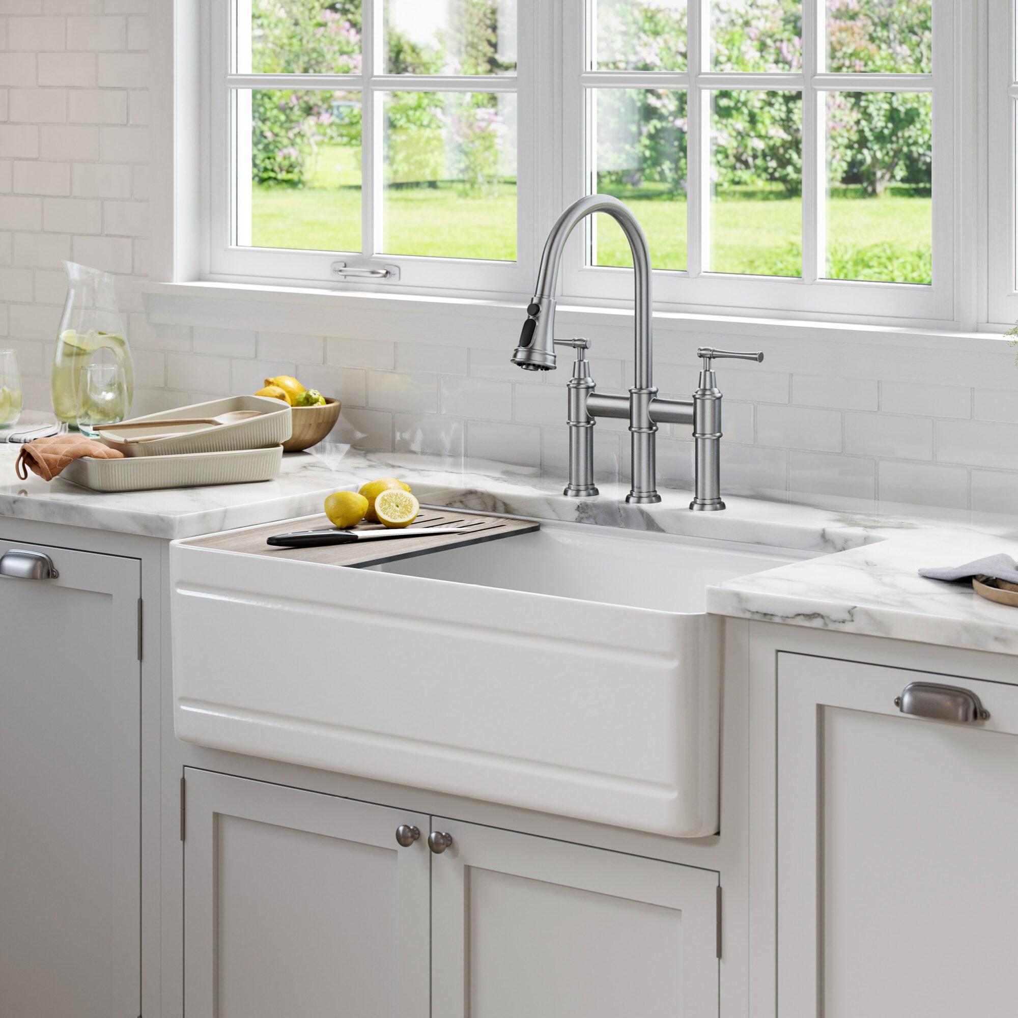 KRAUS Turino™ Workstation 33" L Farmhouse Reversible Apron Front Fireclay Single Bowl Kitchen Sink