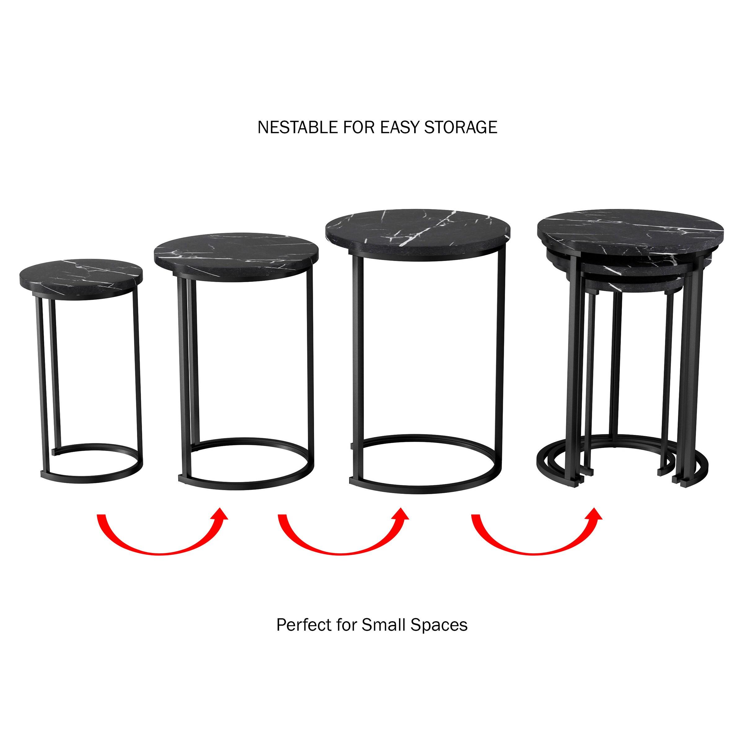 Hastings Home Set of 3 Round Living Room End Tables – Modern Faux Marble Top and Black Metal Base Nesting Tables or Nightstands