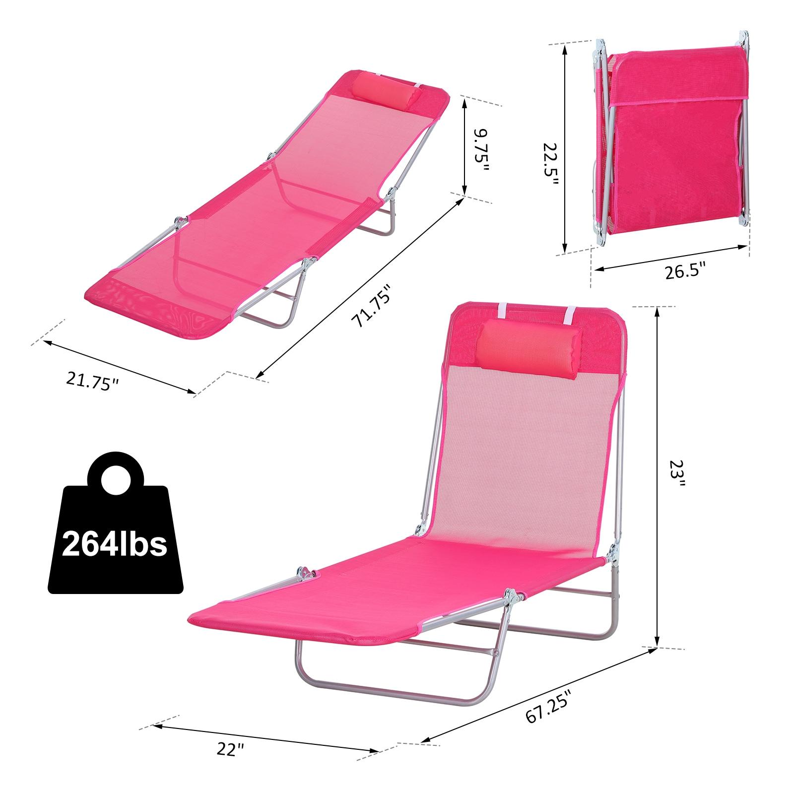 Outsunny Foldable Outdoor Chaise Lounge Chair, 5-Level Reclining Camping Tanning Chair with Breathable Mesh Fabric and Headrest, Pink