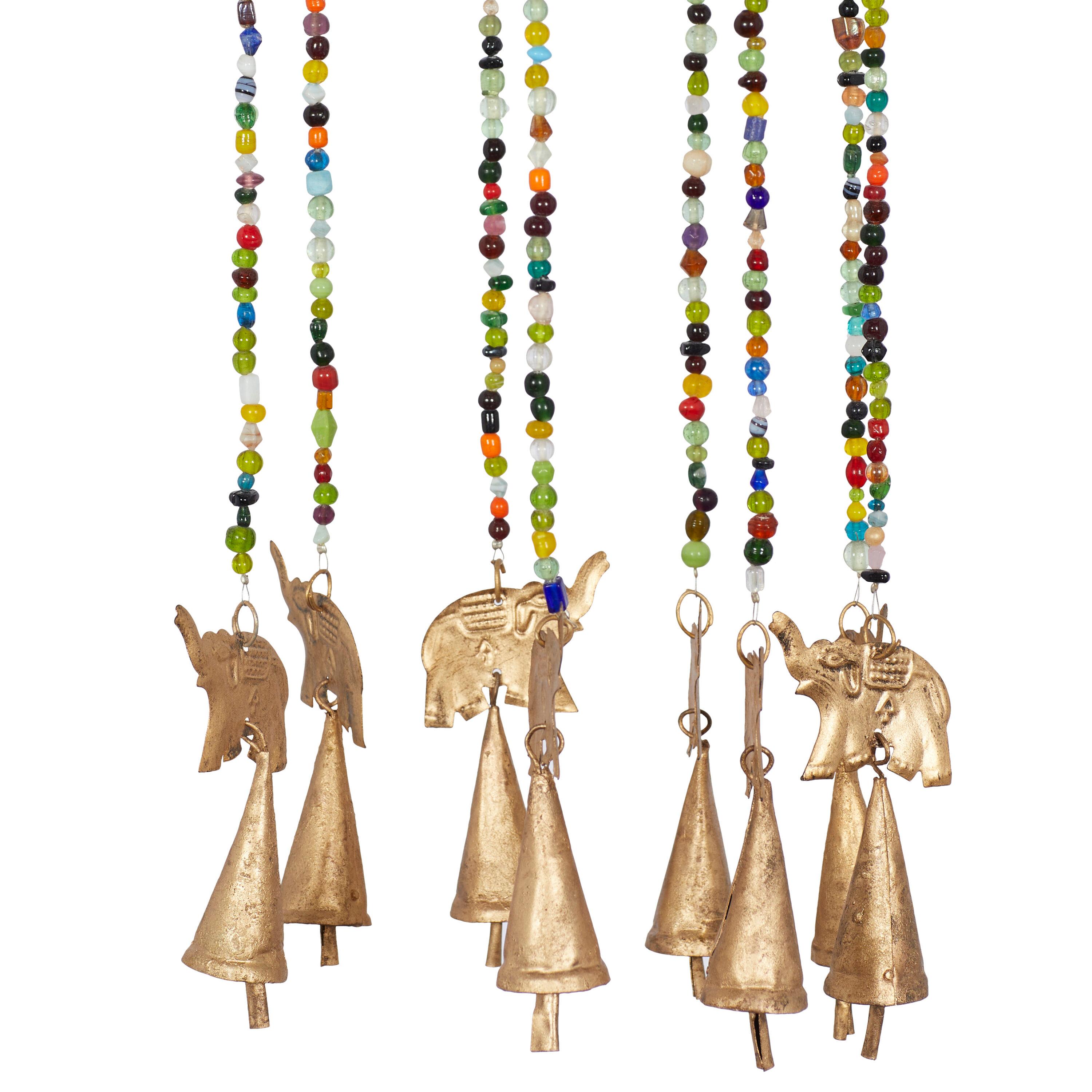 DecMode 17" Gold Metal Indoor Outdoor Elephant Windchime with Glass Beads and Cone Bells