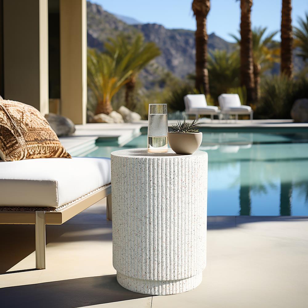 LuxenHome Ivory White Cement Round Outdoor Side Table