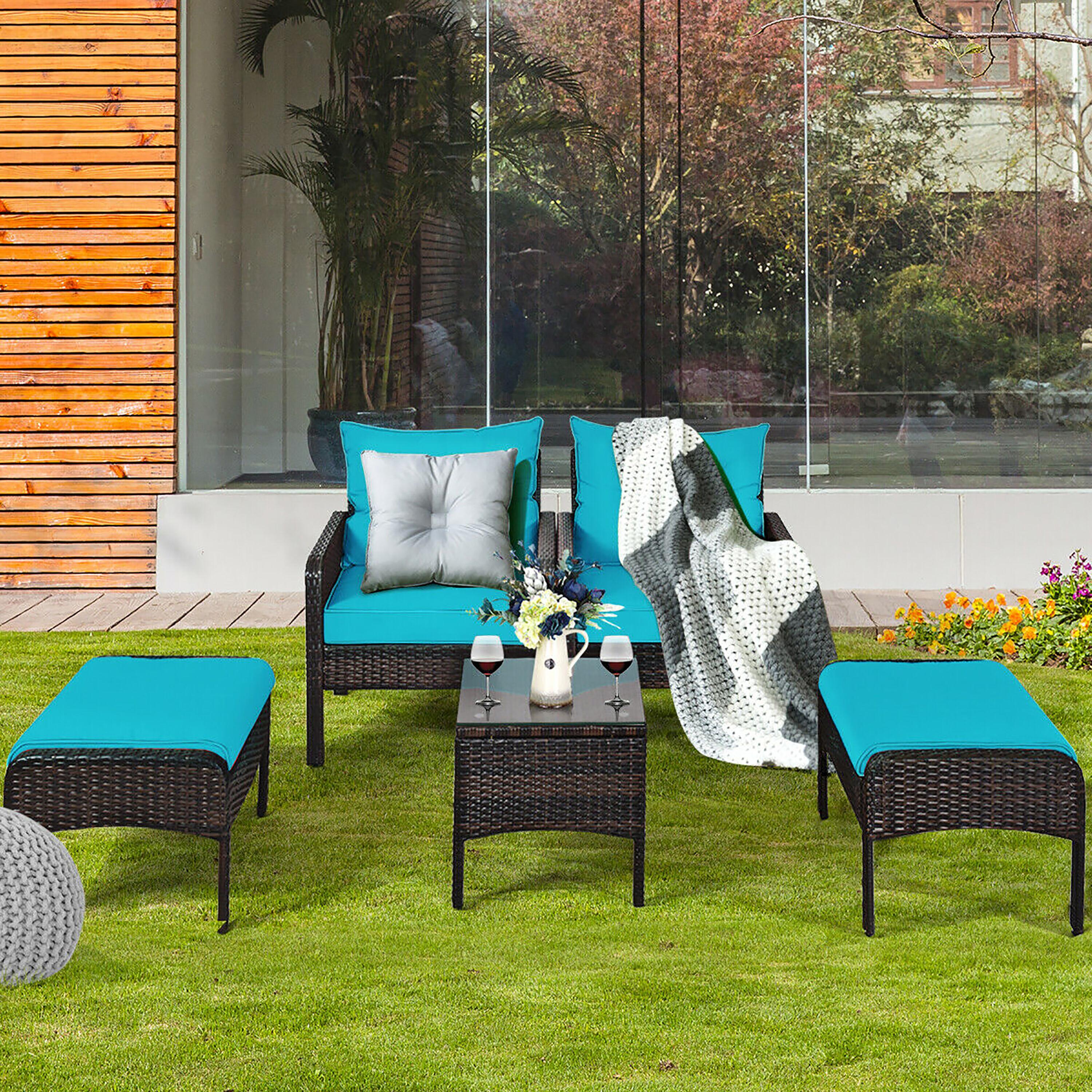 Spaco 5 Pieces Patio Rattan Sofa Ottoman Furniture Set with Cushions, Conversation Set with 2 Single Chairs, 2 Ottomans and A Side Table, Ottoman Furniture Set for Outdoor, Turquoise