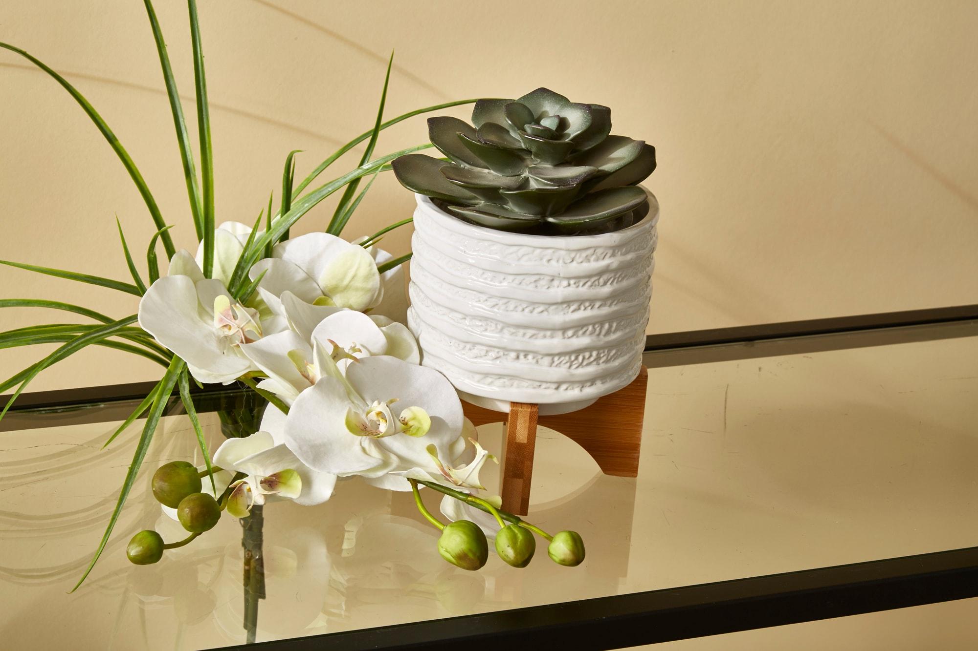 6" Ceramic Planter on Stand White Stripe - Sagebrook Home: Ridged, Wood Stand, Indoor/Outdoor Use