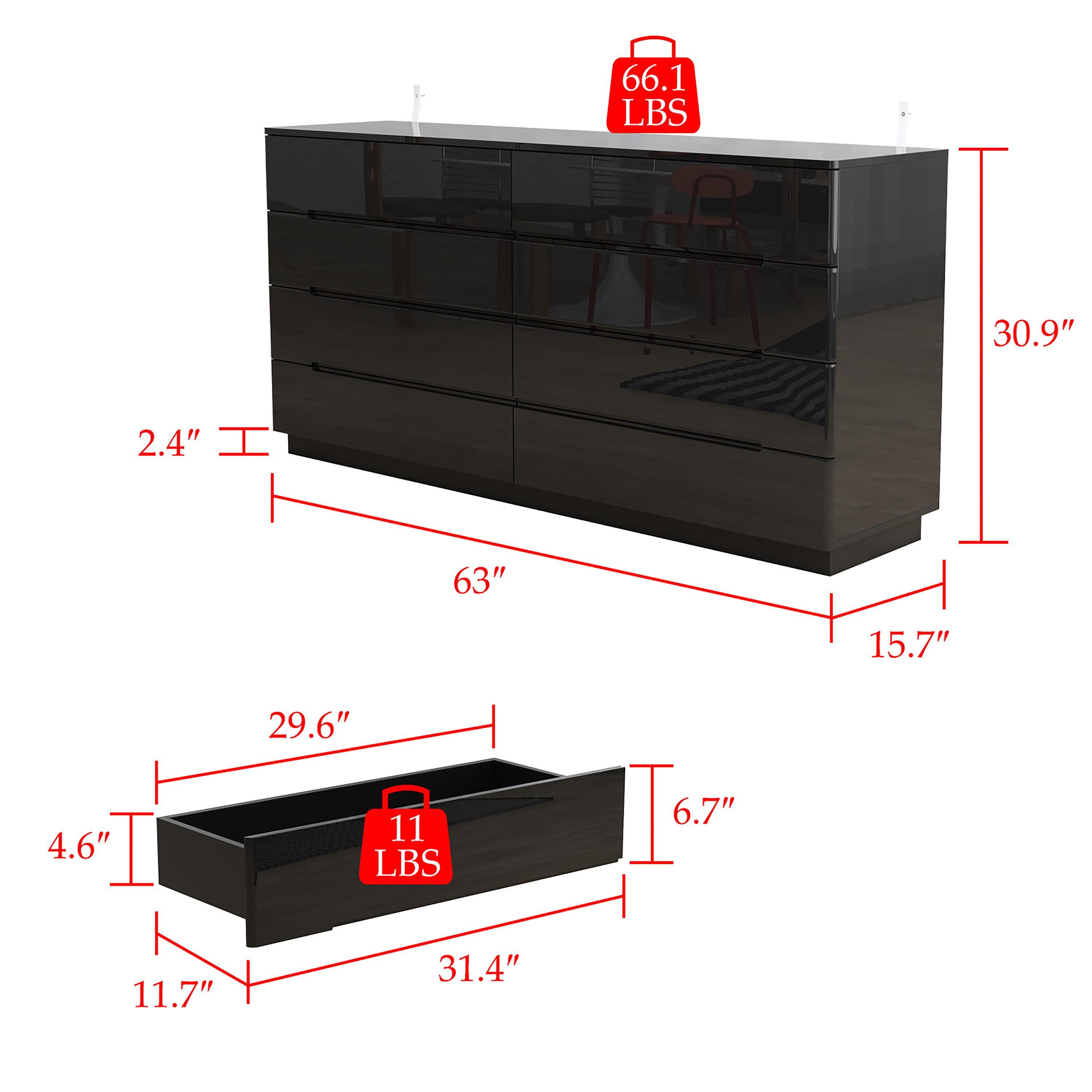 Black 8-Drawer 63 in. W Wood Double Dresser Chest of Drawers Bedroom Storage Organizer in With High Gloss and LED Lights