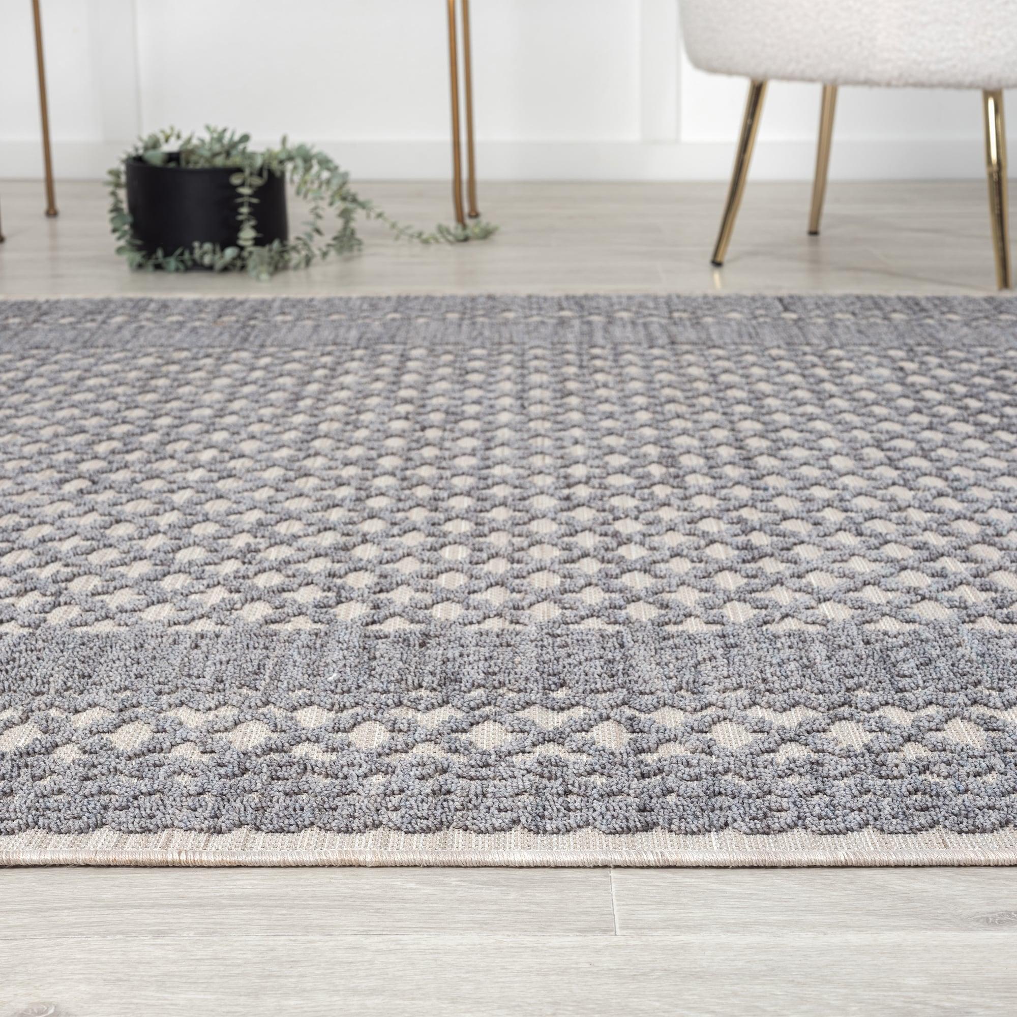 LR Home Gayle 7'10" x 8'10" Gray/Ivory Bordered Performance Indoor/Outdoor Area Rug
