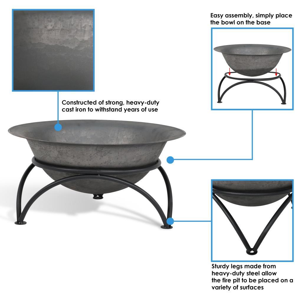 SunnyDaze Decor 23.5" Round Wood-Burning Dark Gray Finish Cast Iron Fire Pit Bowl and Stand