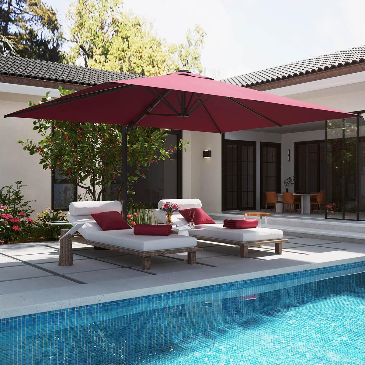 Mondawe 10x13 FT Cantilever Umbrella Large Offset Umbrella with 360°Rotation and LED Light Panel Cantilever Patio Umbrella for Backyard, Pool & Garden, Red