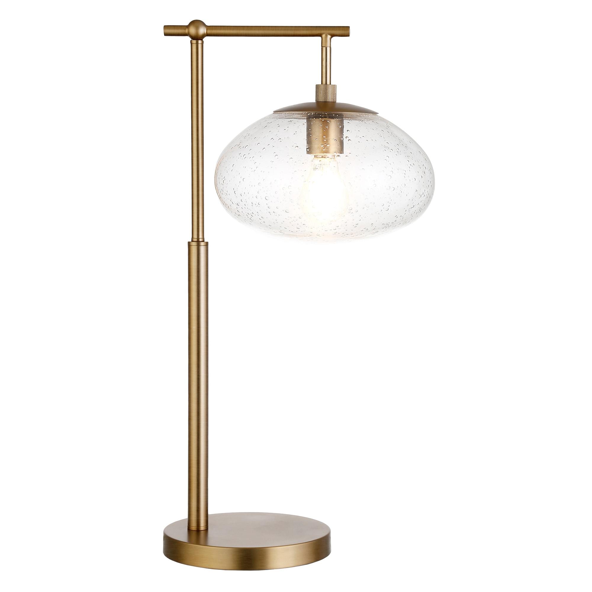 Evelyn&Zoe Blume 25" Tall Arc Table Lamp with Glass Shade in Brushed Brass/Seeded