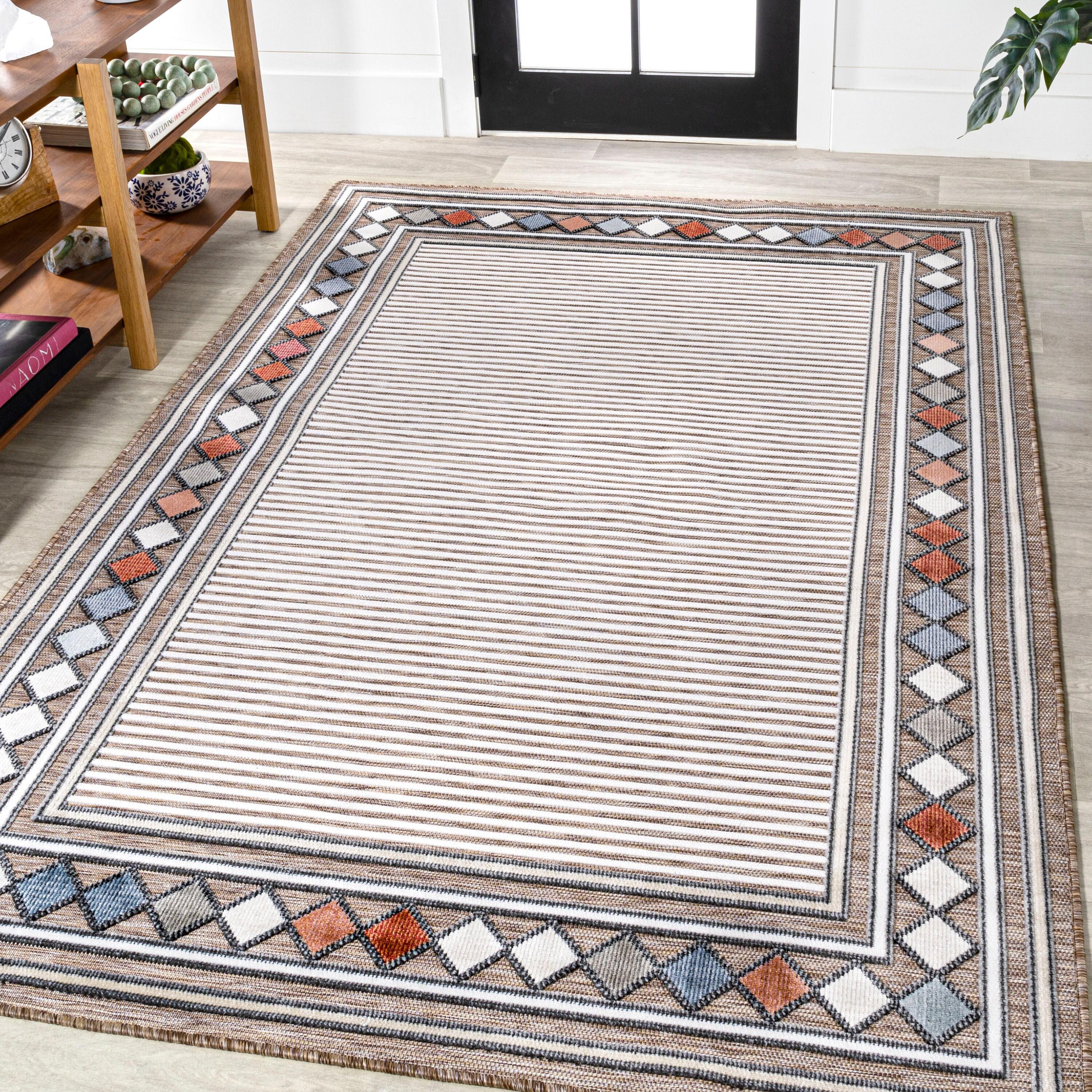 JONATHAN Y Sebastian High-Low Modern Diamond Border Brown/Ivory 3 ft. x 5 ft. Indoor/Outdoor Area Rug