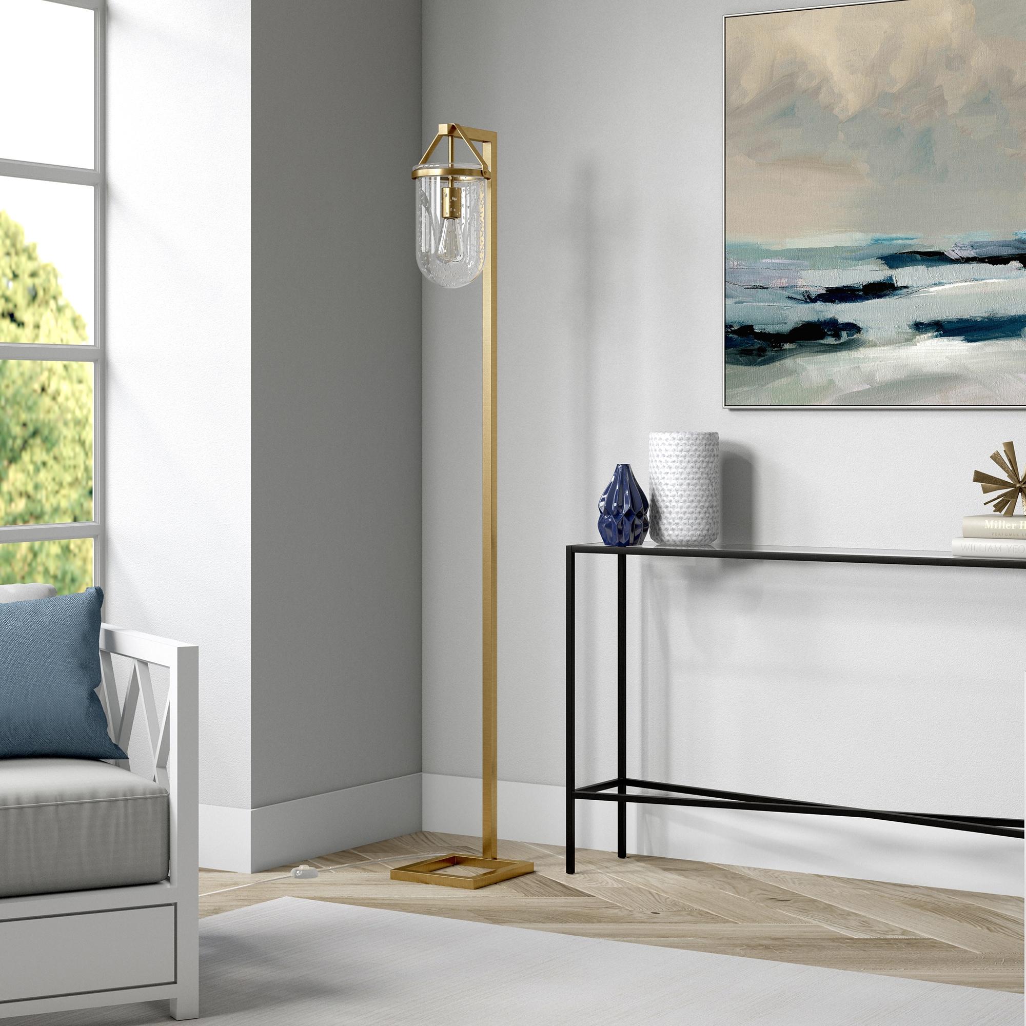 Evelyn&Zoe Shiloh 68" Tall Floor Lamp with Glass Shade, Brass/Seeded