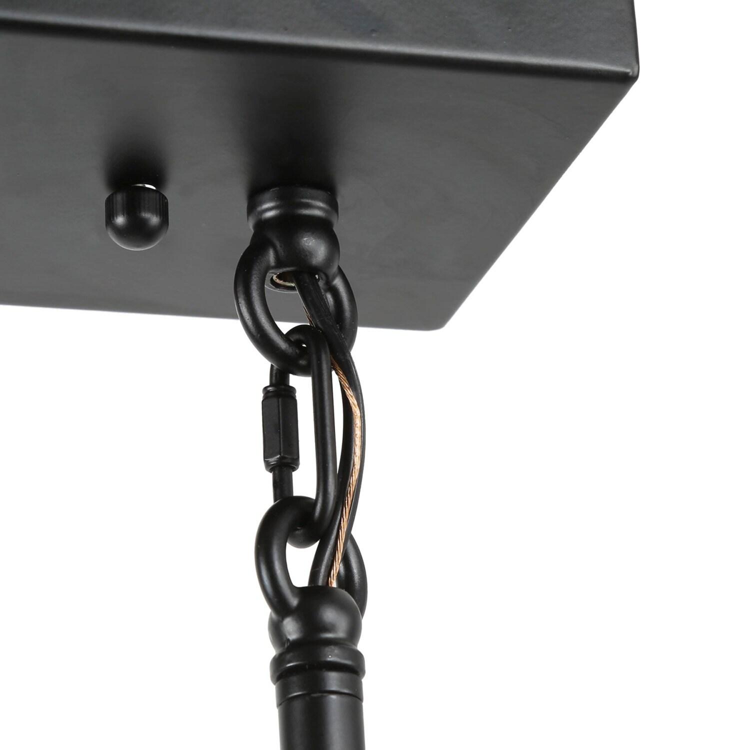 Farmhouse 5-Light Wood and Black Metal Chandelier, Rectangular Kitchen Island Light Fixture