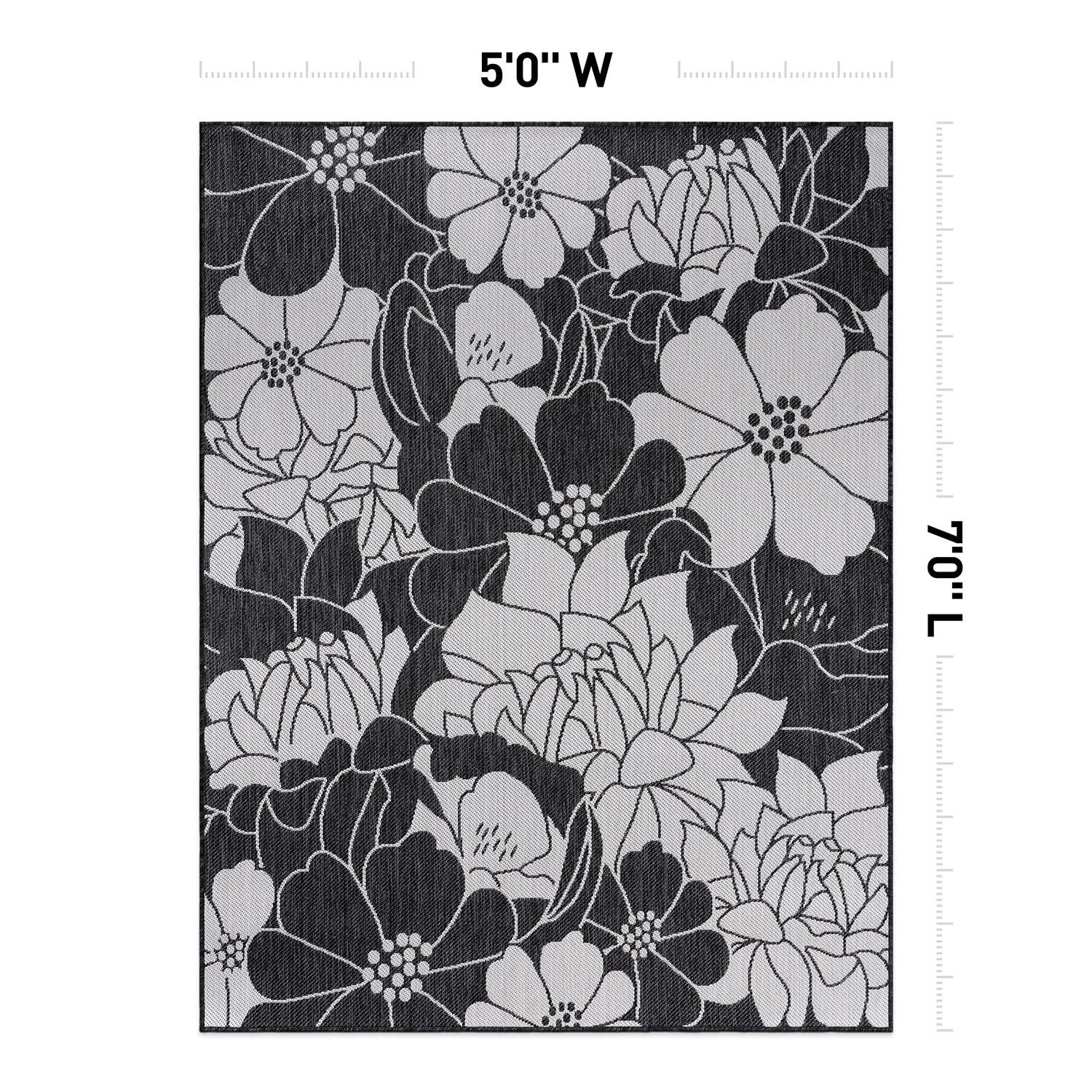 World Rug Gallery Modern Floral Flowers Textured Flat Weave Indoor/Outdoor Area Rug - BLACK 5' X 7'