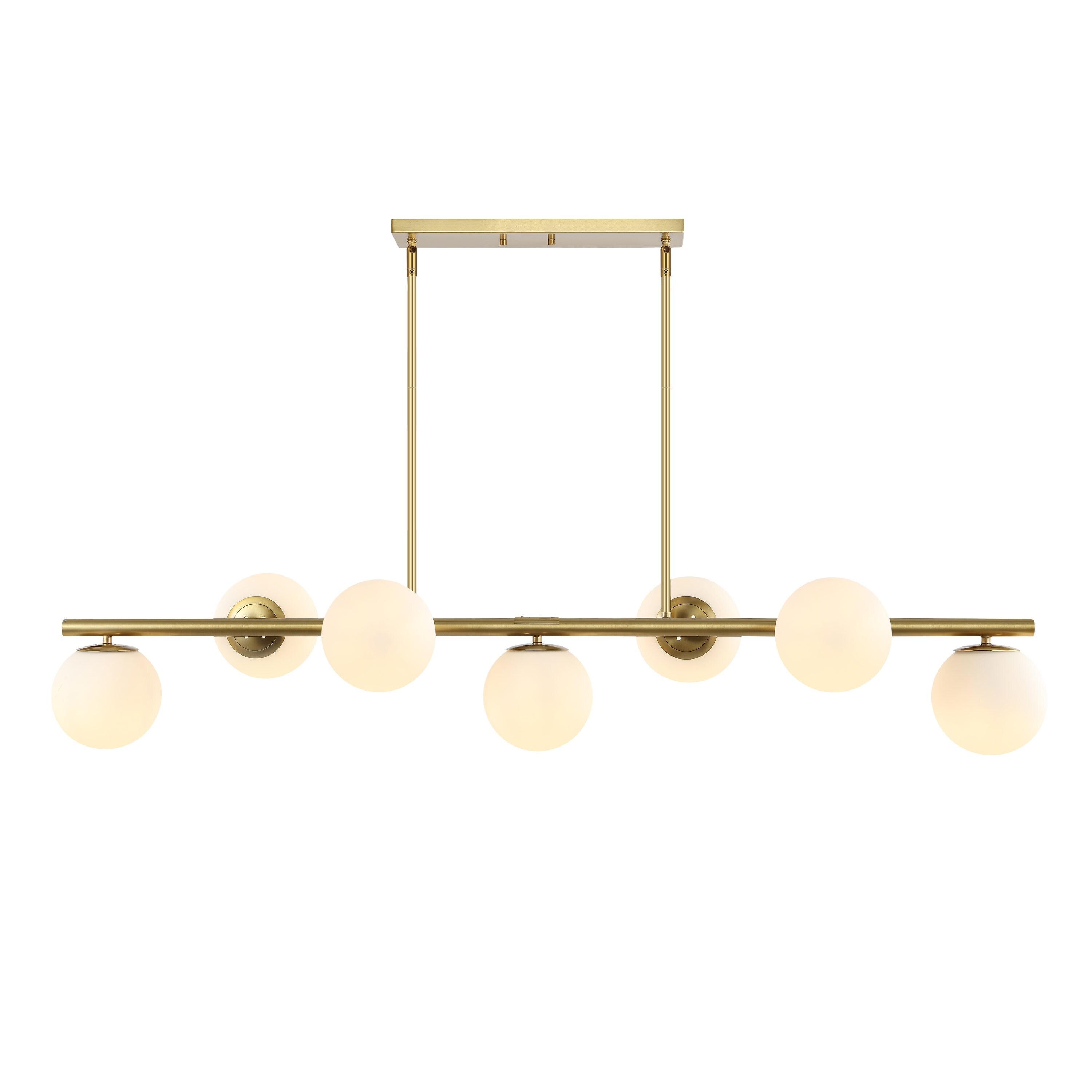 JONATHAN Y JYL7573A Luca Parisian 53" 7-Light Modern Glam Iron Globe Linear LED Pendant Transitional Farmhouse Adjustable Dining Room Living Room Kitchen Island Foyer Bedroom Hallway, Brass Gold/White
