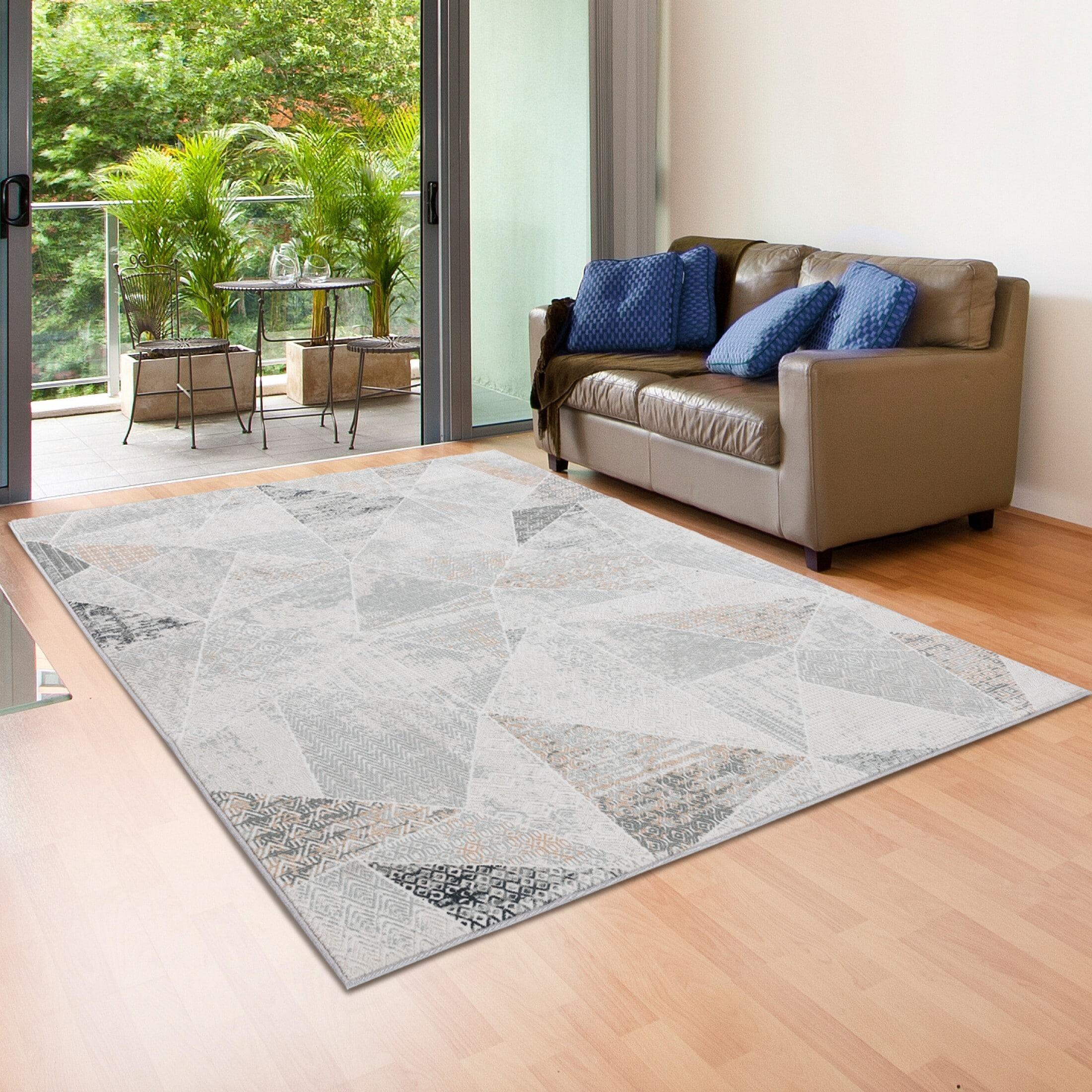 Gray and Cream Geometric Hand-Knotted Synthetic Area Rug, 9' x 12'