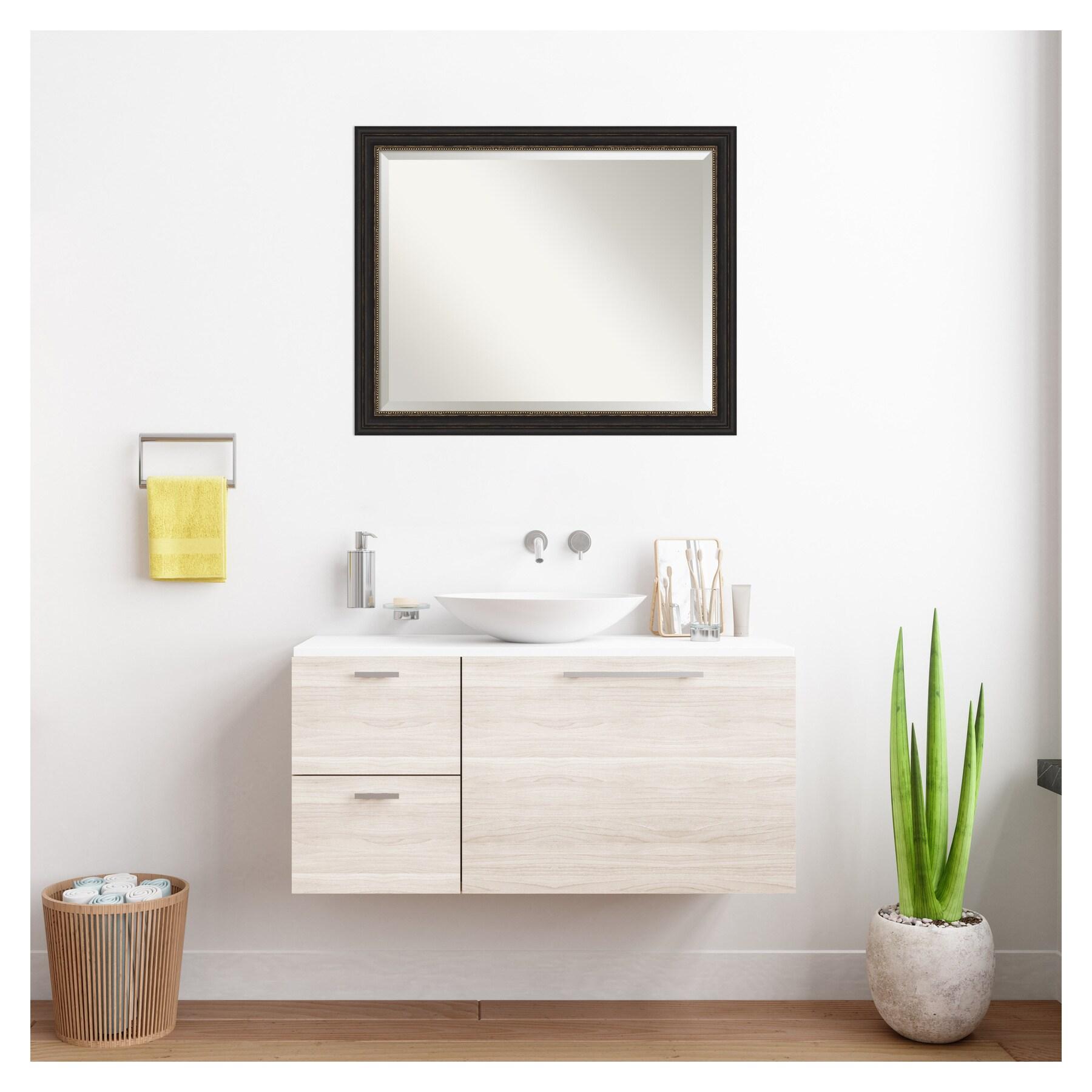 Amanti Art Beveled Bathroom Wall Mirror - Accent Bronze Narrow Frame Outer Size: 32 x 26 in