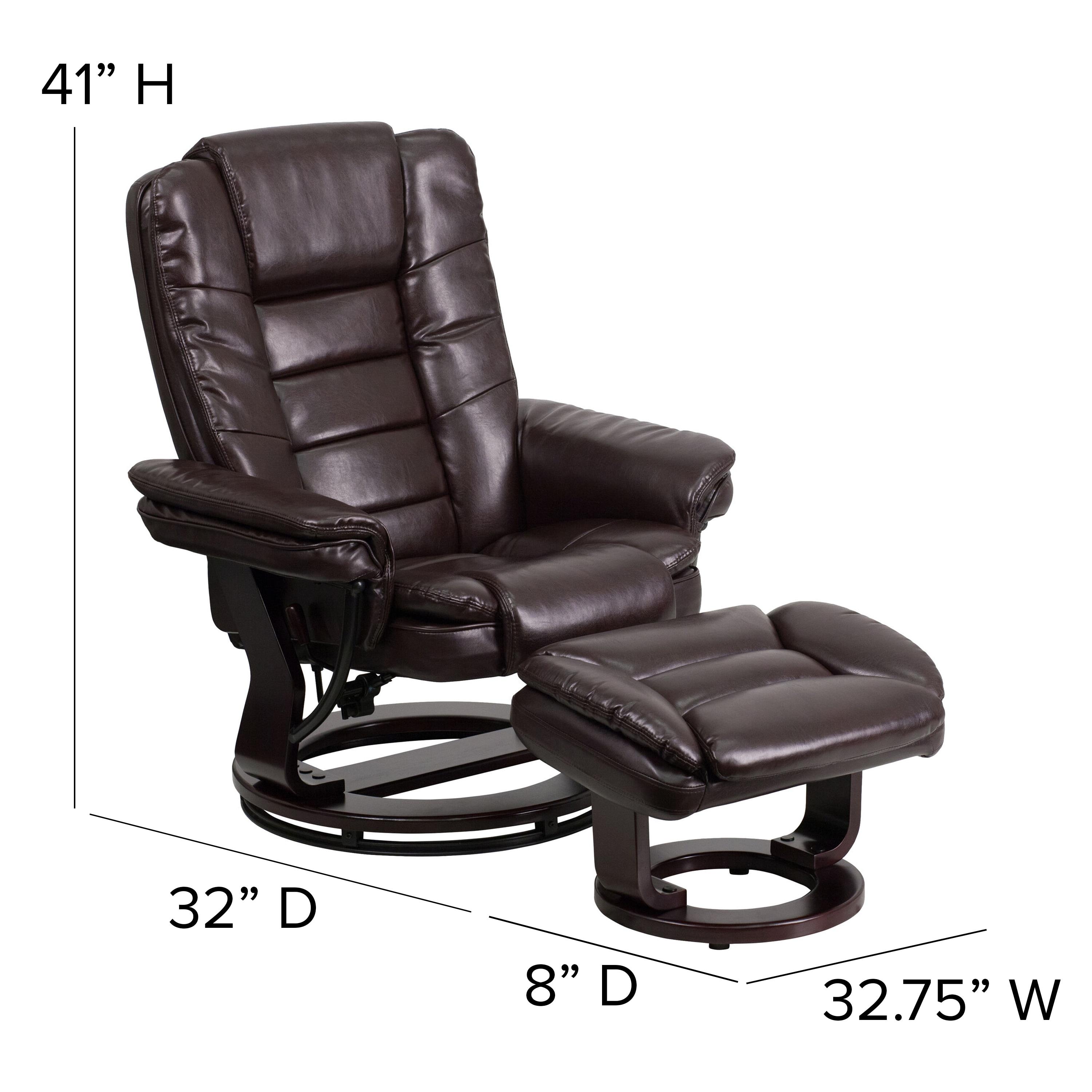 BizChair Contemporary Multi-Position Recliner with Horizontal Stitching and Ottoman with Swivel Mahogany Wood Base in Brown LeatherSoft