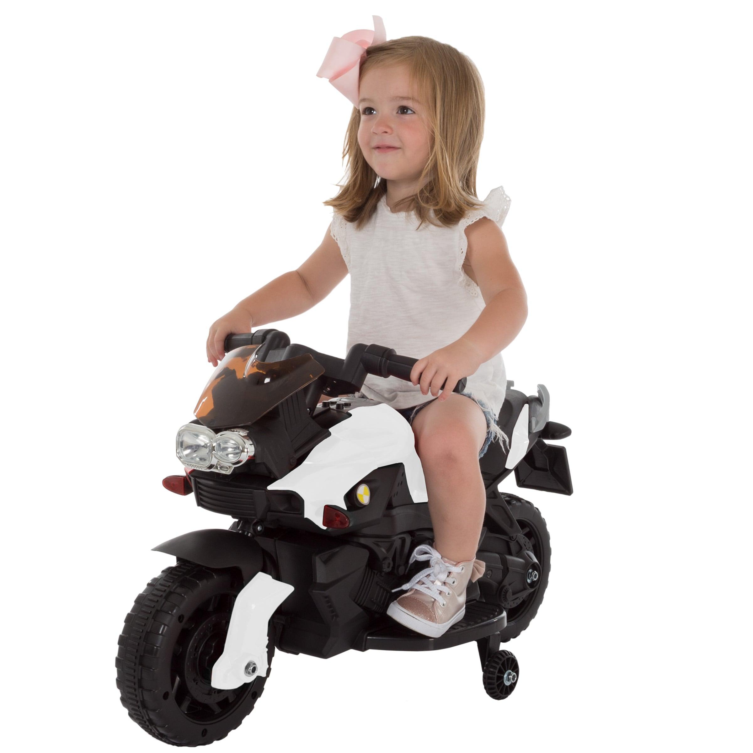Toy Time Kids Motorcycle - Electric Ride-On with Training Wheels and Reverse Function - White and Black