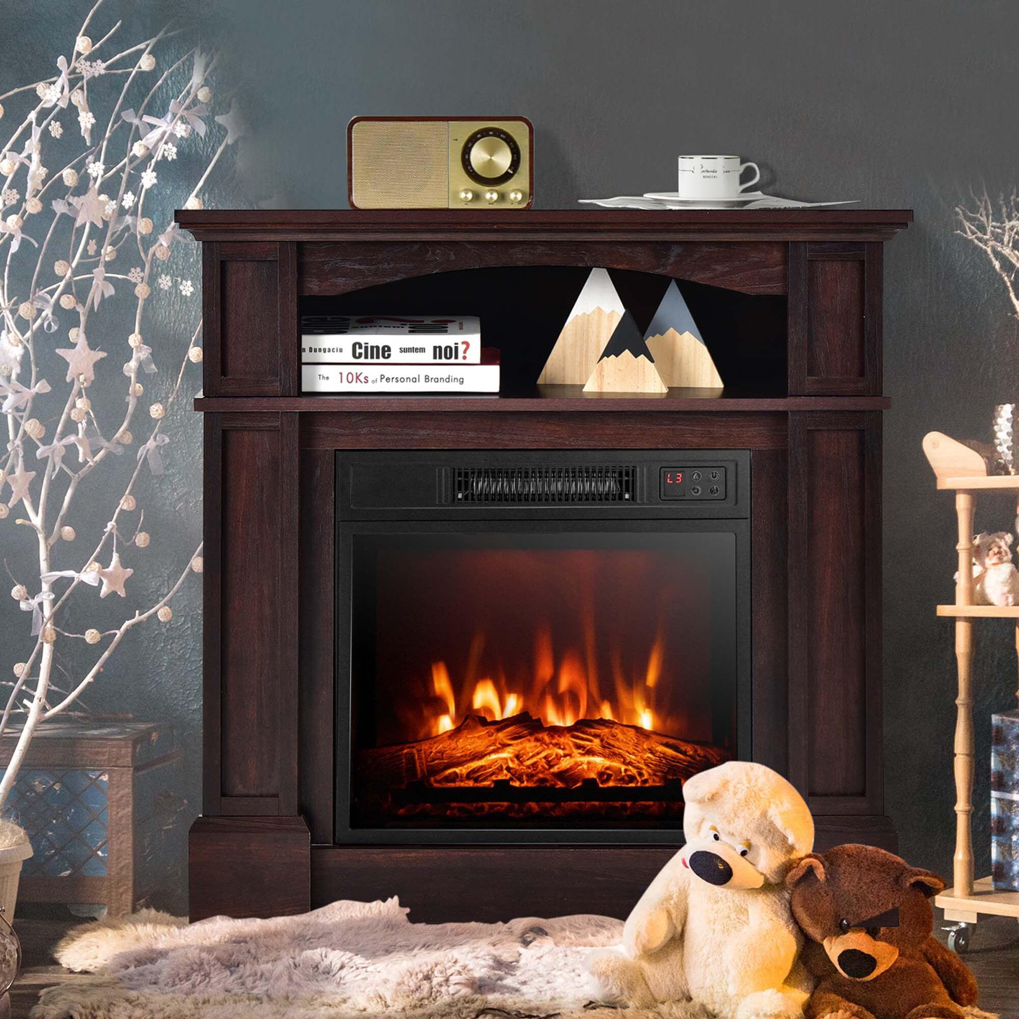 Costway 32" 1400W Electric Fireplace Mantel TV Stand Space Heater W/ Shelf Brown