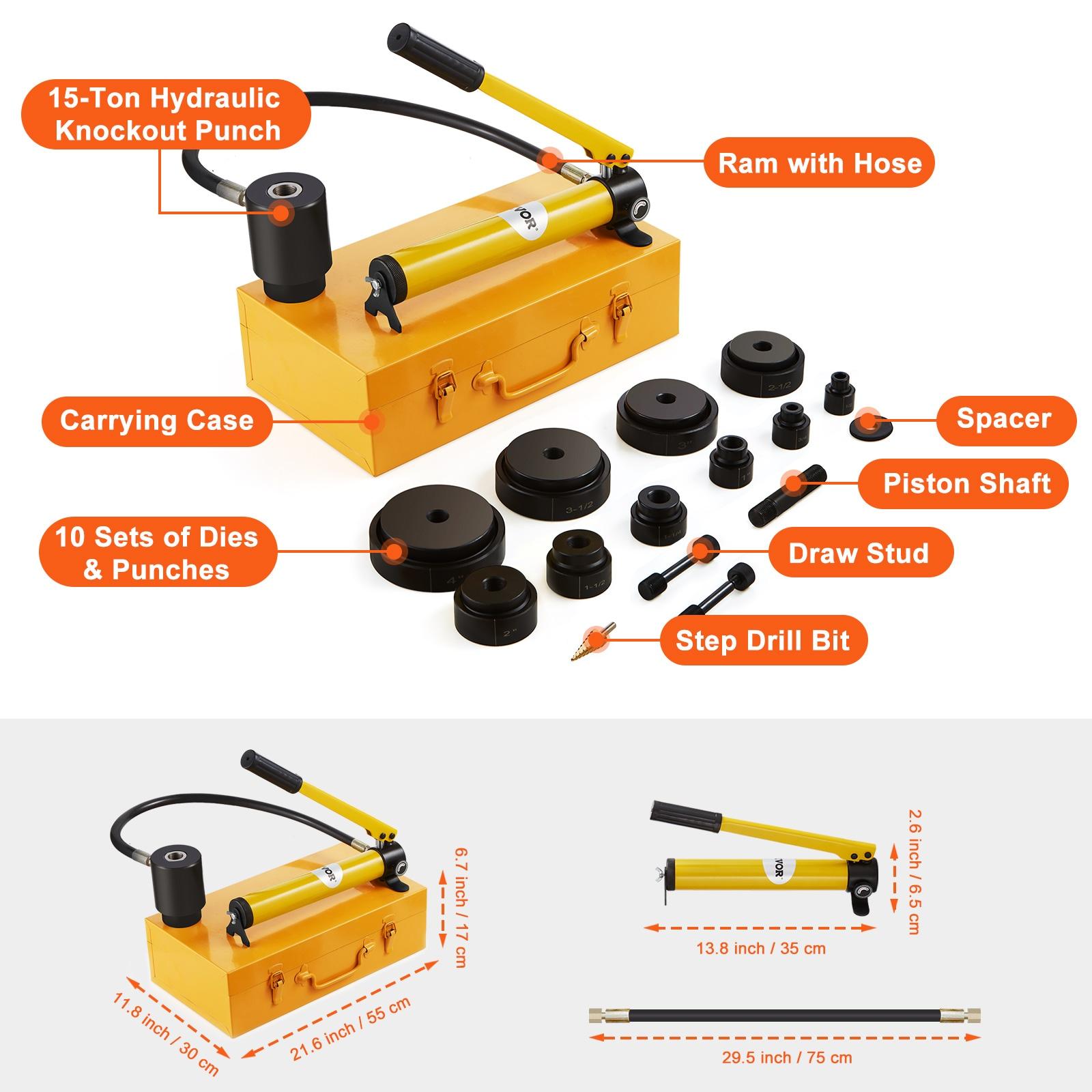 VEVOR Hydraulic Knockout Punch Kit, 10 Ton 1/2" to 2" Conduit Hole Cutter Set, KO Tool Kits with Puncher 6 Piece, Metal Sheet Driver Tools, Yellow