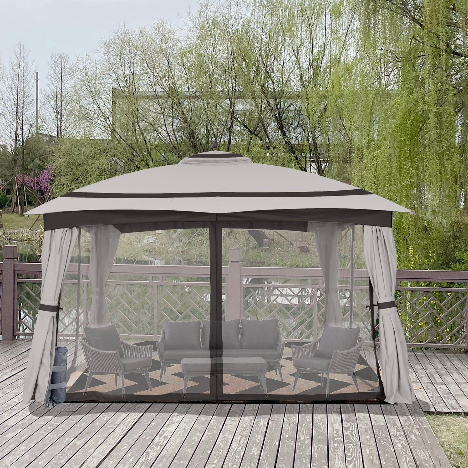 12 Ft. W x 10 Ft. D Soft Top Steel Patio Gazebo with Curtain and Netting