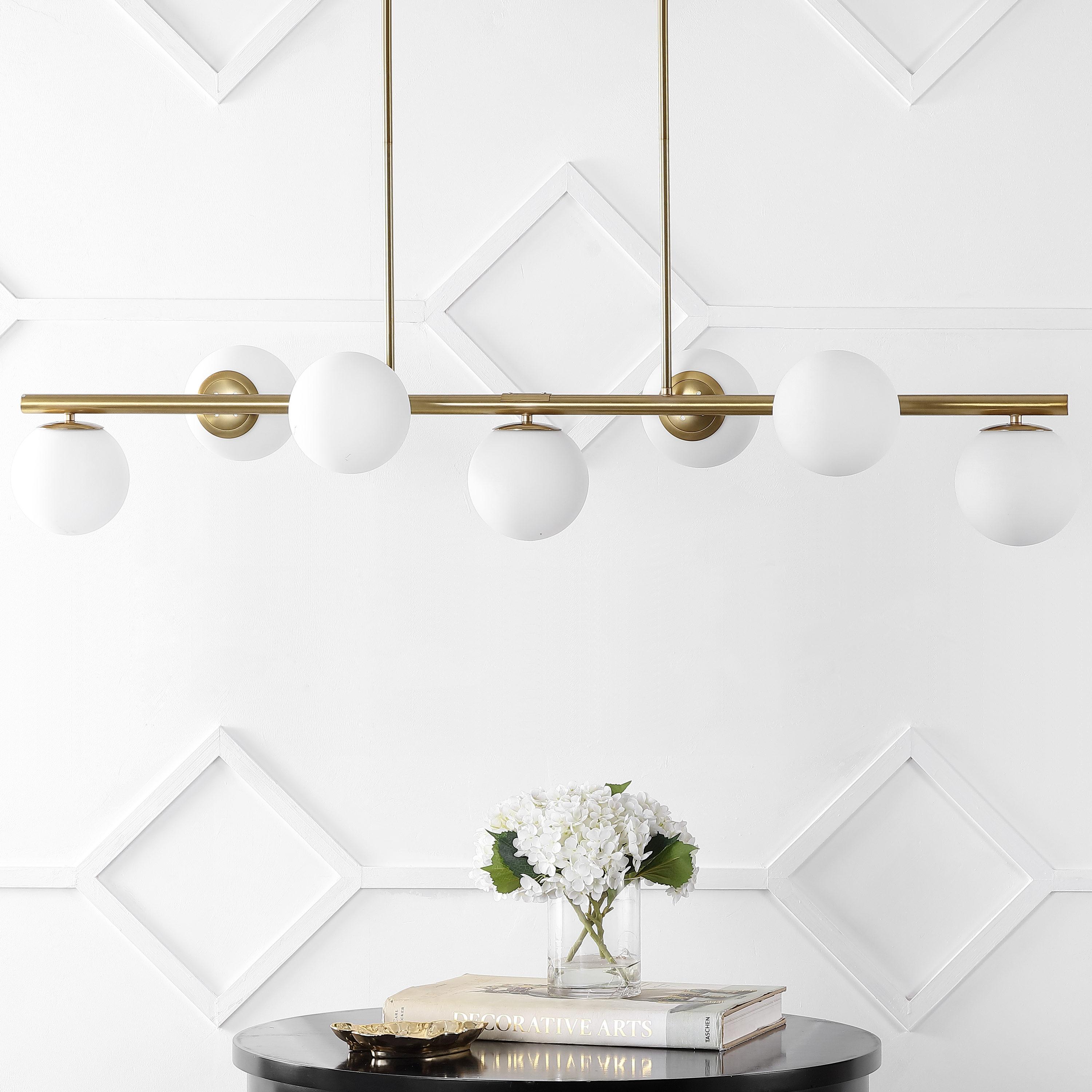 JONATHAN Y JYL7573A Luca Parisian 53" 7-Light Modern Glam Iron Globe Linear LED Pendant Transitional Farmhouse Adjustable Dining Room Living Room Kitchen Island Foyer Bedroom Hallway, Brass Gold/White