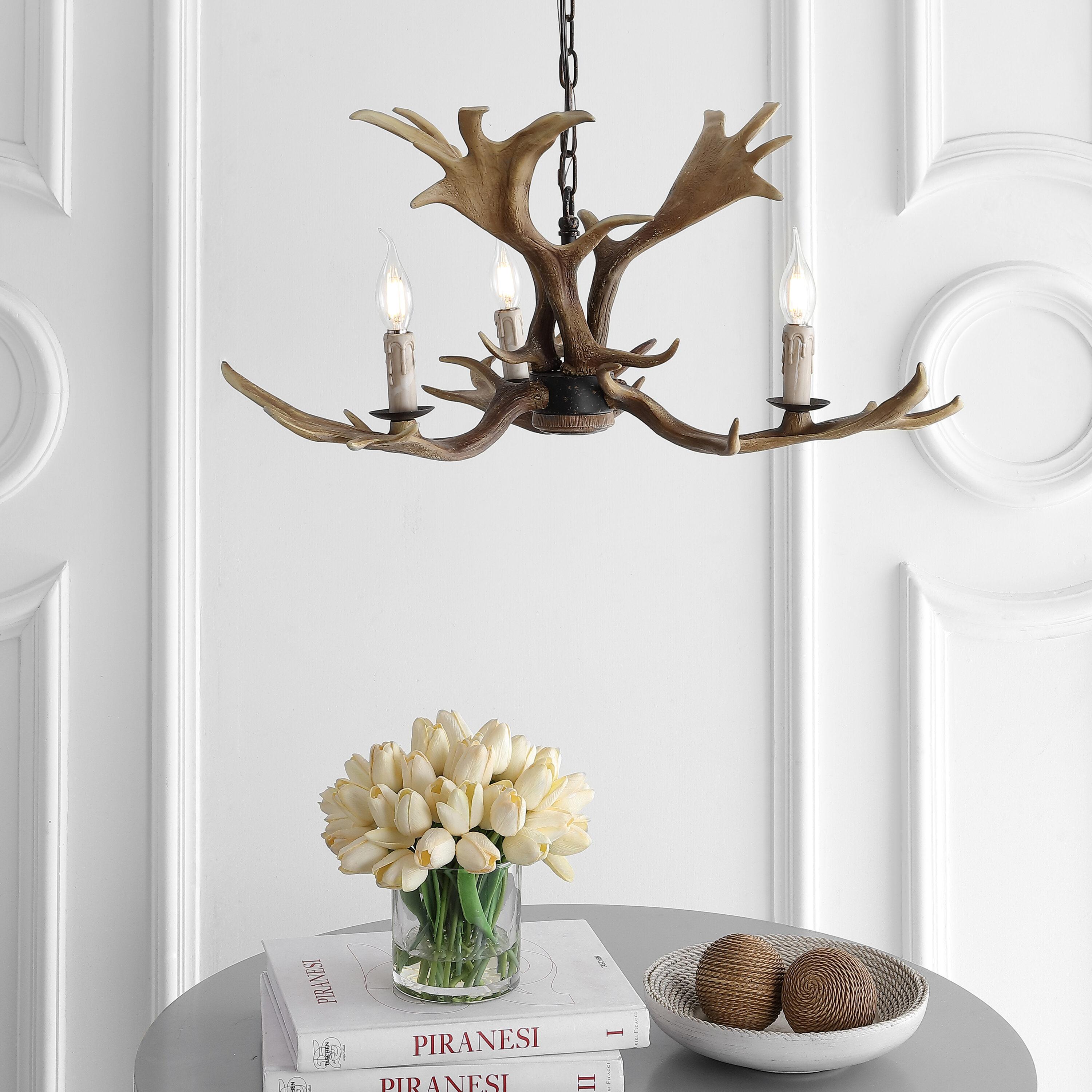JONATHAN Y Speller 27" Adjustable Resin Antler 3-Light LED Chandelier, Brown