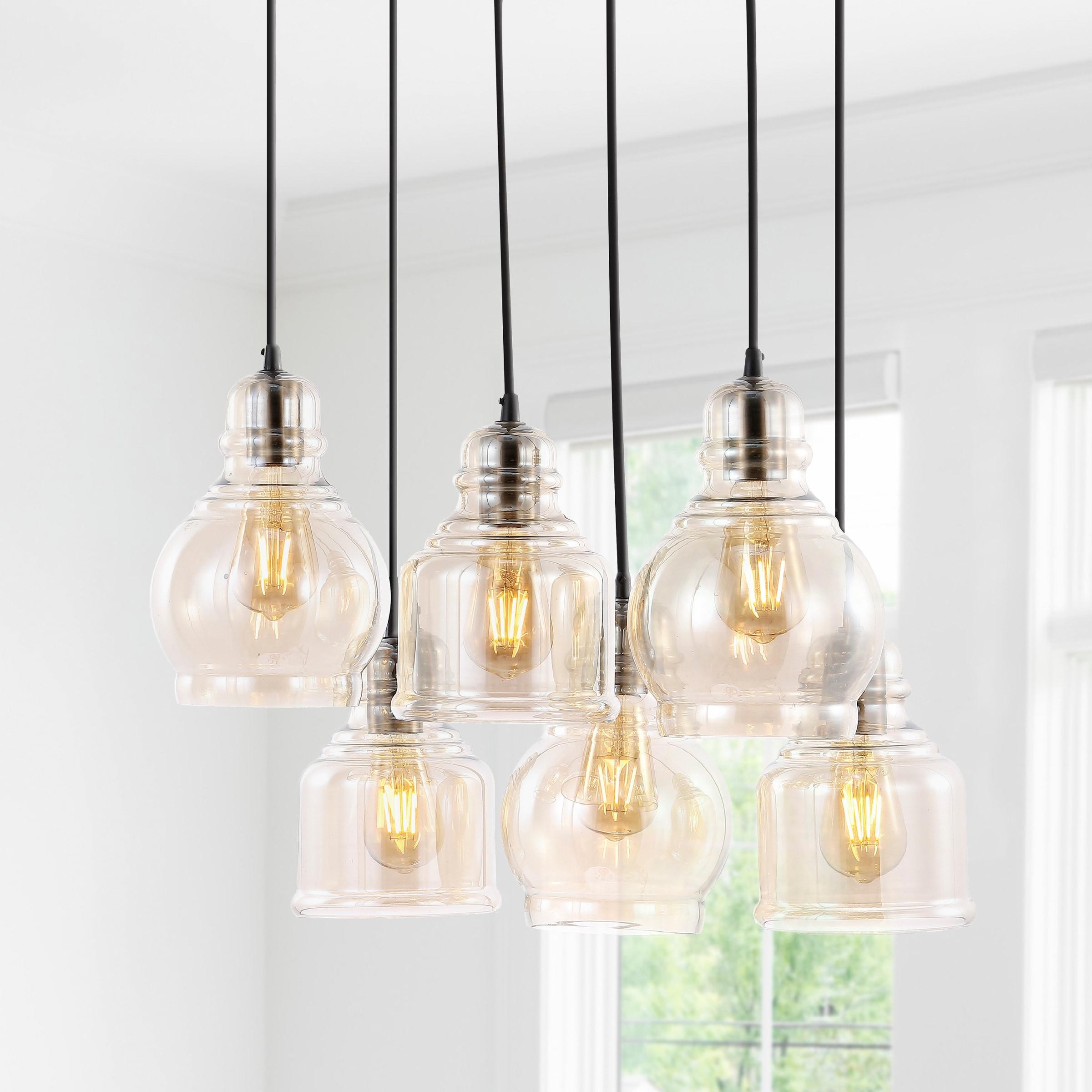 Sydney 18.88" 6-Light Bohemian Farmhouse Iron/Glass Cluster LED Pendant, Nickel/Champagne