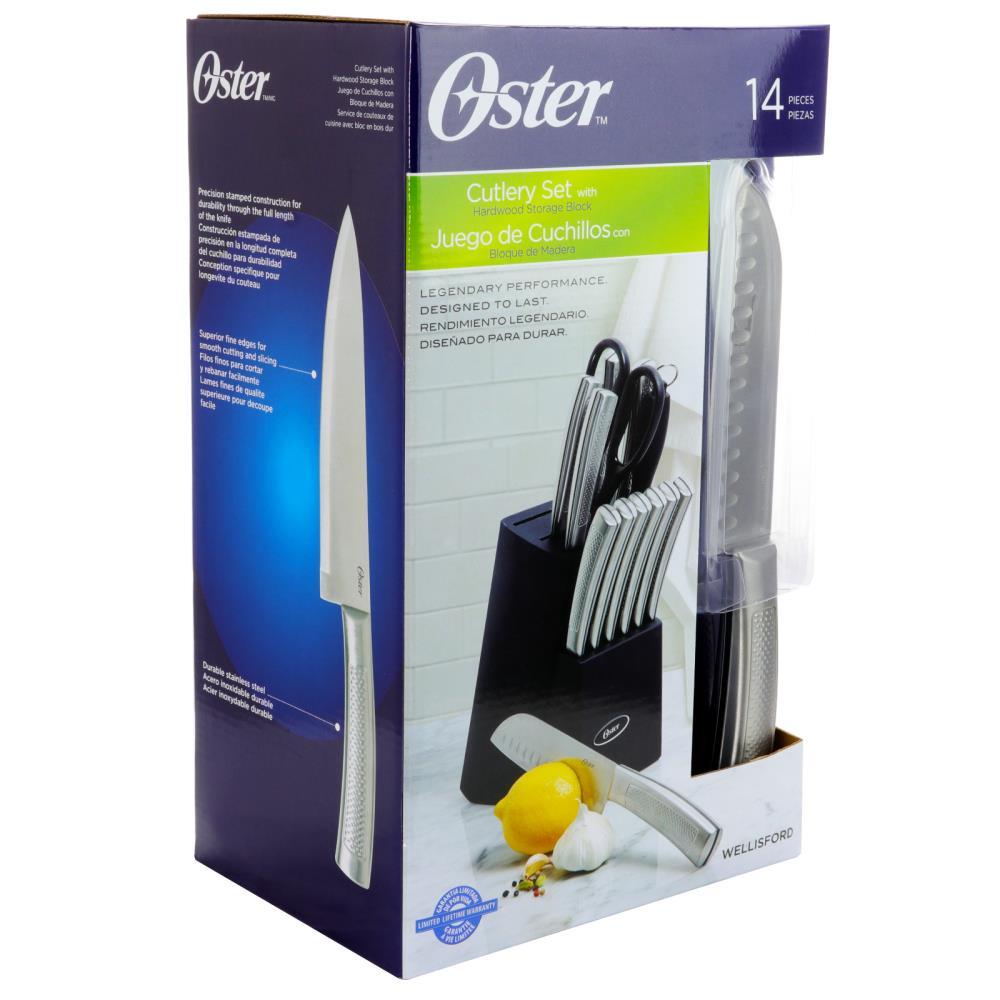 Oster Wellisford Stainless Steel Kitchen Knife Cutlery Set With Block, 14 Piece