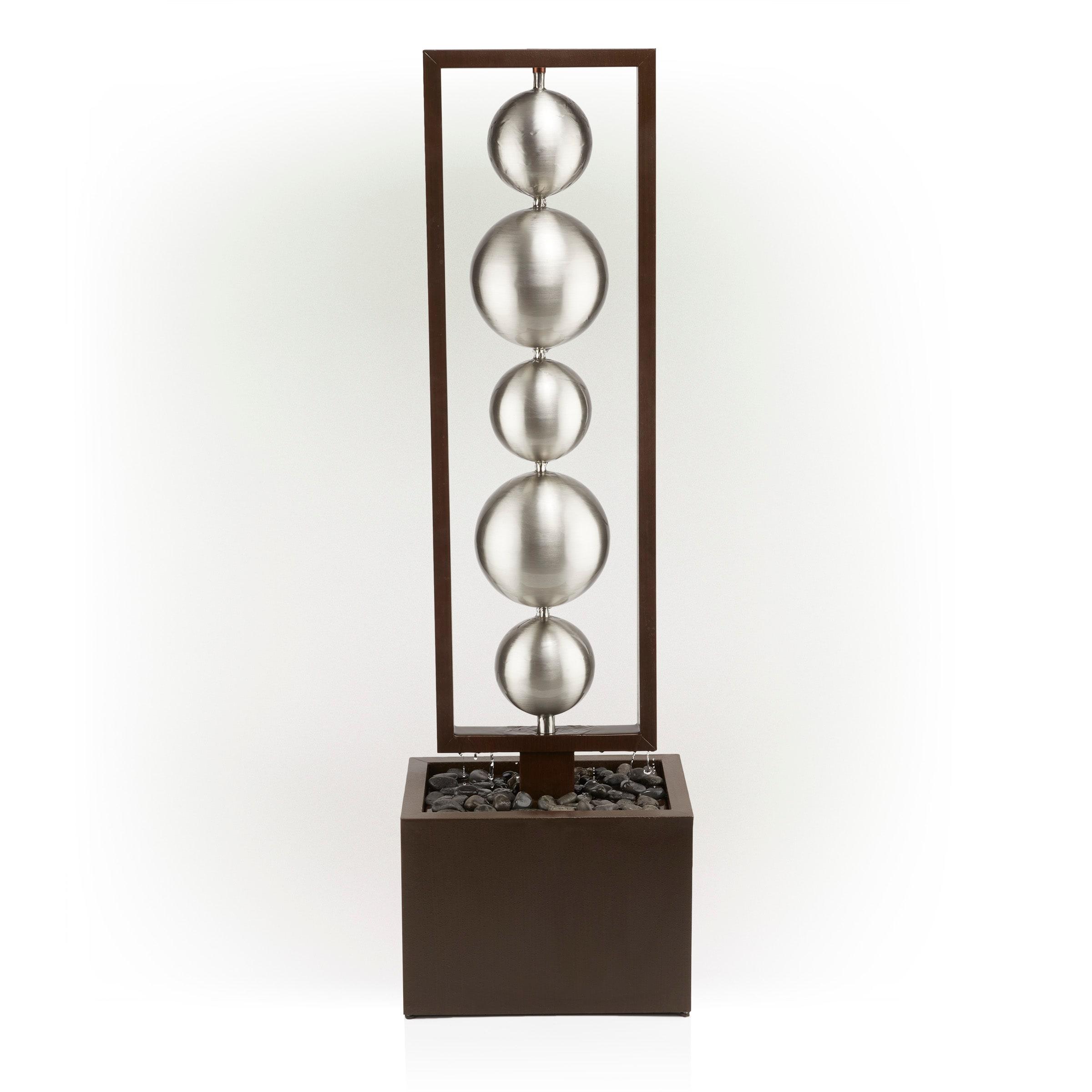 55" Metal Modern Column Fountain with Stainless Steel Orbs Silver/Brown - Alpine Corporation: Electric-Powered