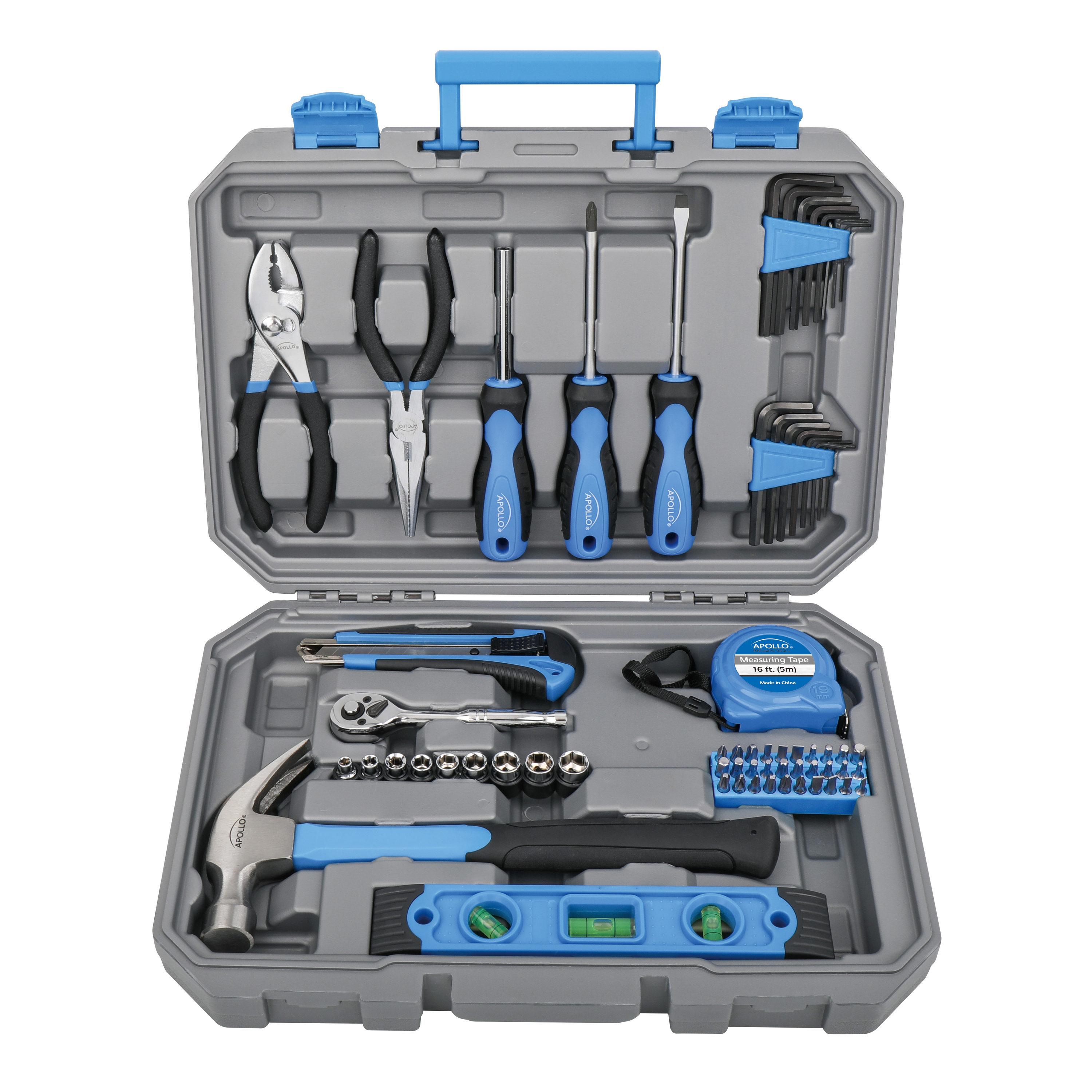 Apollo Tools 65pc Household Tool Kit DT0001: Chromed Steel Hand Tool Set with Carrying Case & Lifetime Warranty