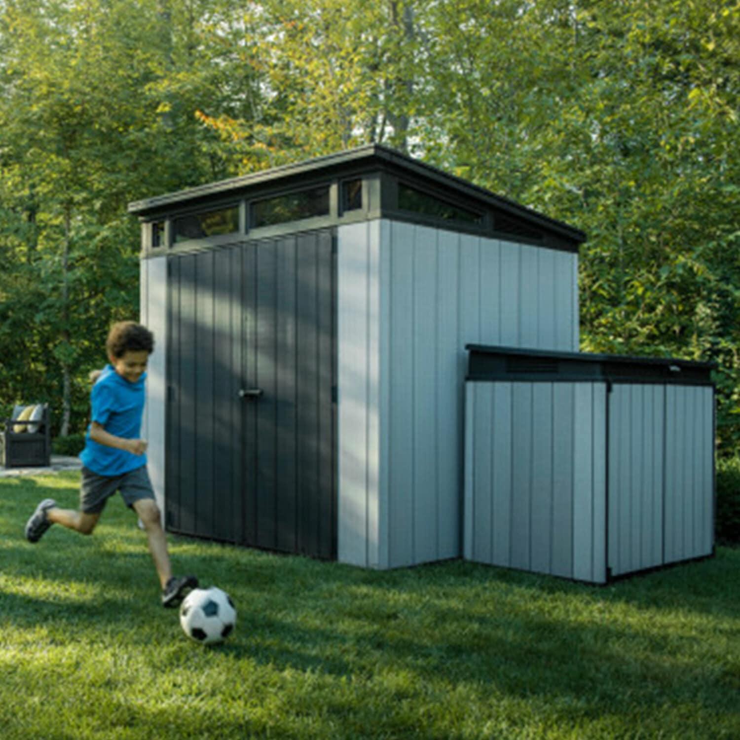 Keter Artisan 7x7 ft. Modern Durable Resin Outdoor Storage Shed With Floor and Double Doors for Garden Patio Furniture and Tools, Grey