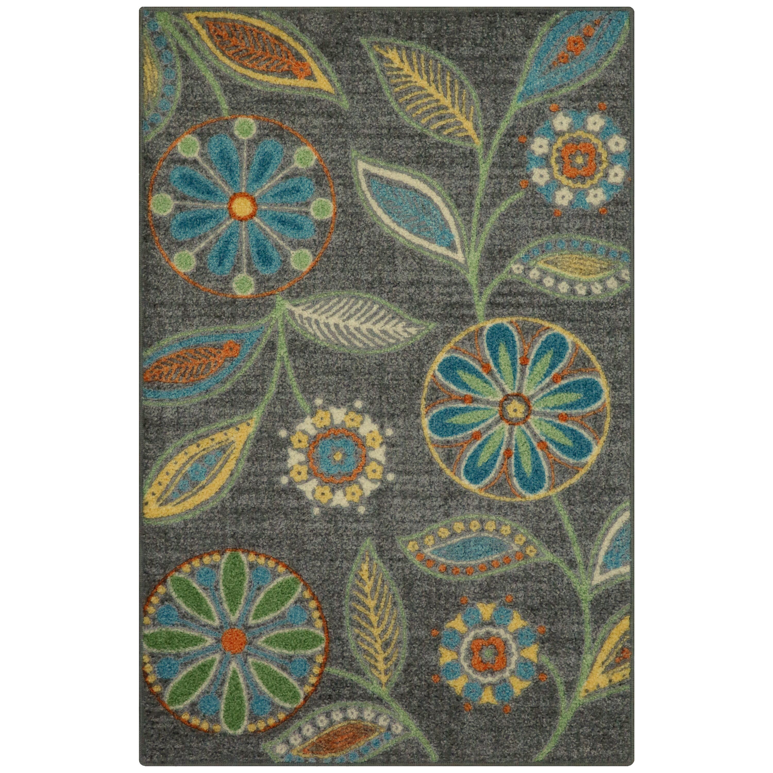 Gray Floral Tufted Washable Accent Rug