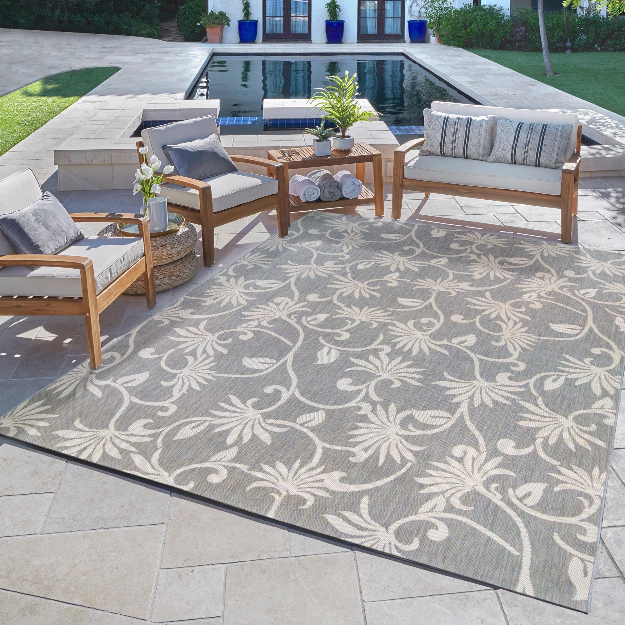 Reyn Spooner Kona Polynesian Pareau Gray/Ivory Floral Flatweave Indoor/Outdoor Area Rug