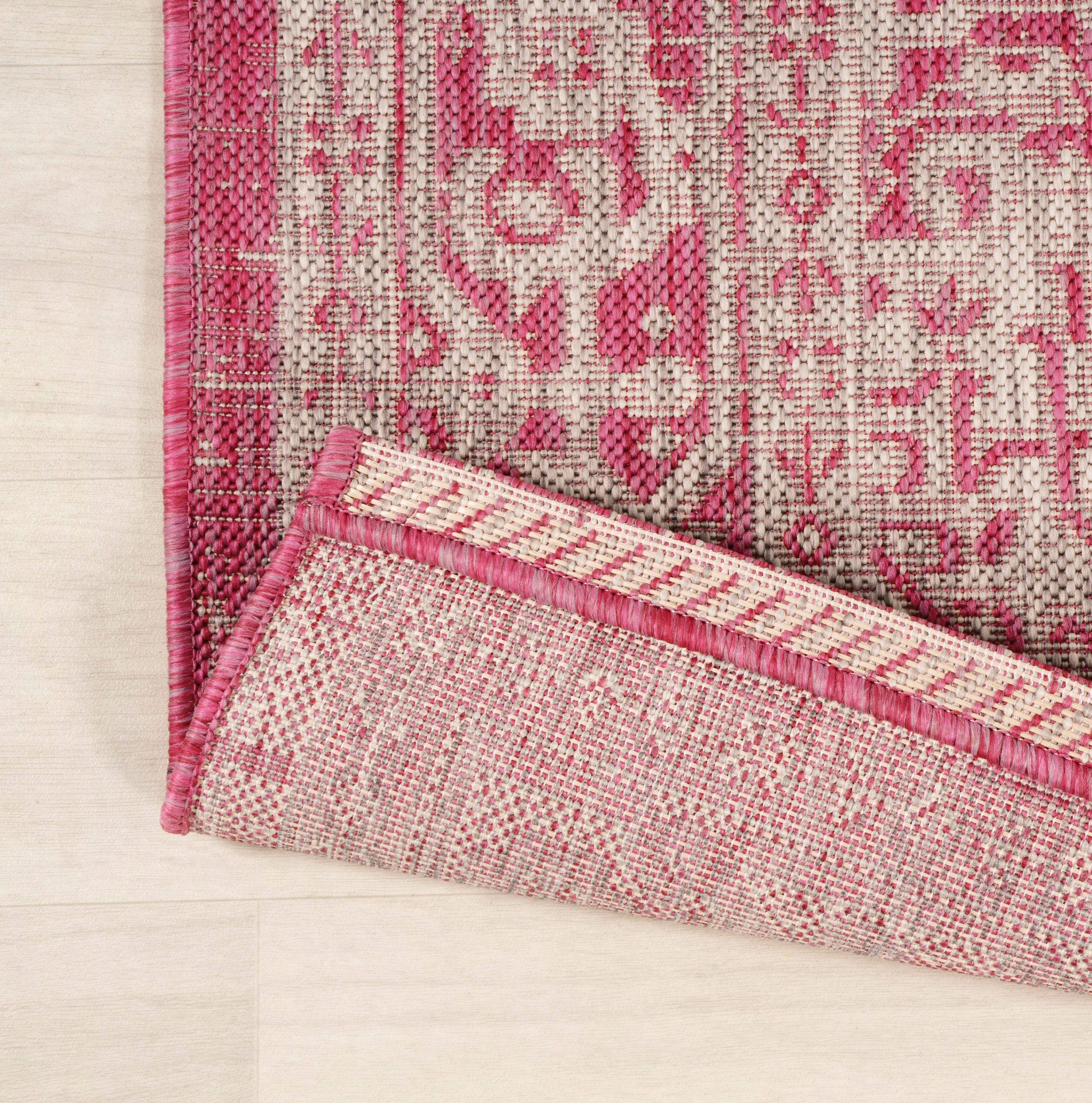 5' Round Sinjuri Medallion Textured Weave Indoor/Outdoor Area Rug, Fuchsia/Light Gray - JONATHAN Y