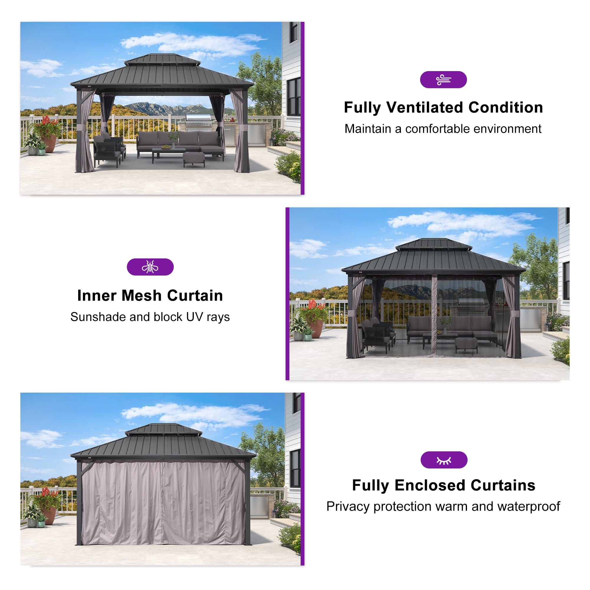 PURPLE LEAF 12' x 14' Permanent Hardtop Gazebo Aluminum Frame Gazebo with Galvanized Steel Double Roof, UV-Resistant for Backyard Patio Lawn and Garden, Netting & Curtains included - Grey