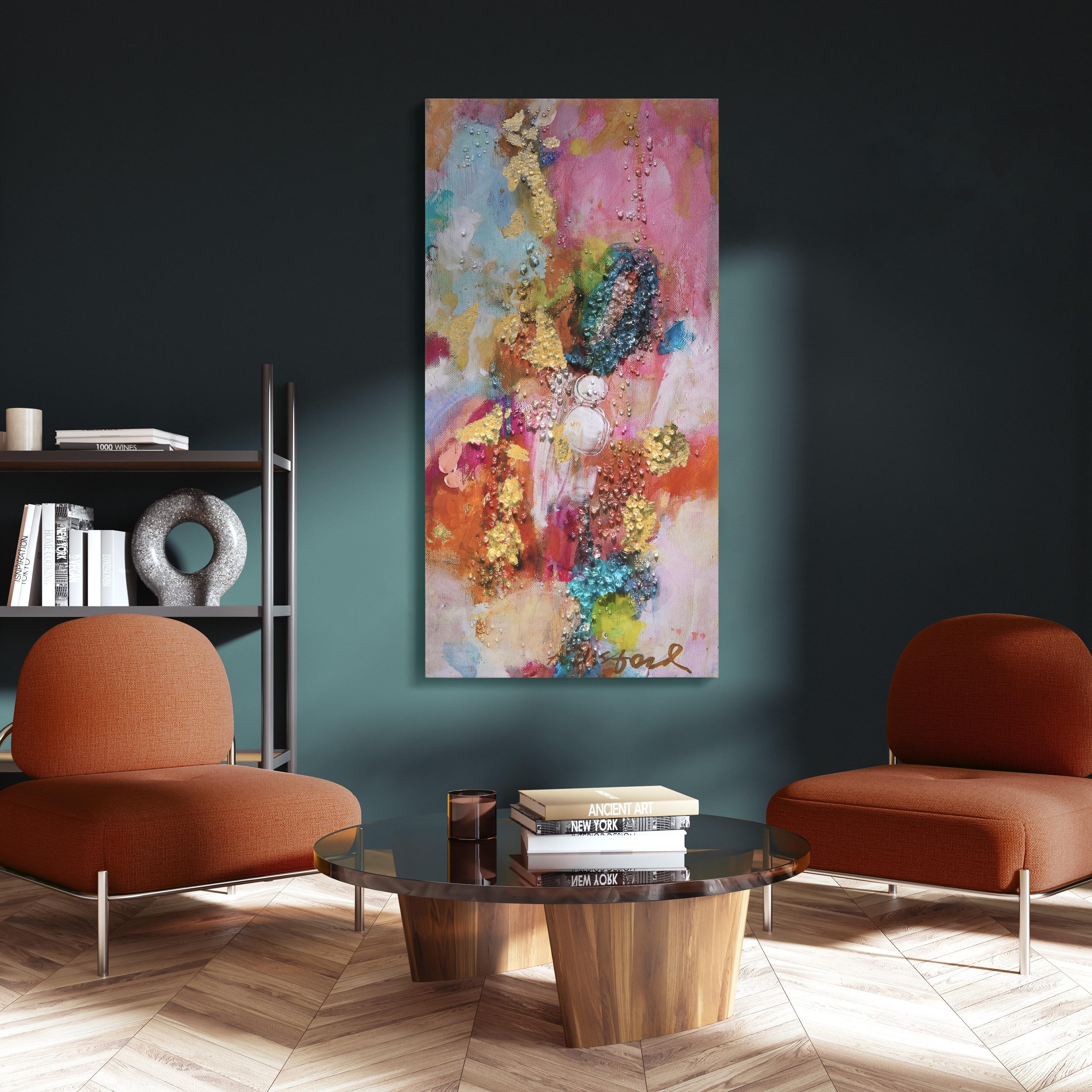 "Colorful Symphony II" Crystallus Epoxy Coated Wrapped Glossy Canvas Wall Art with Heavy Acrylic Crystal Shards Embellishments