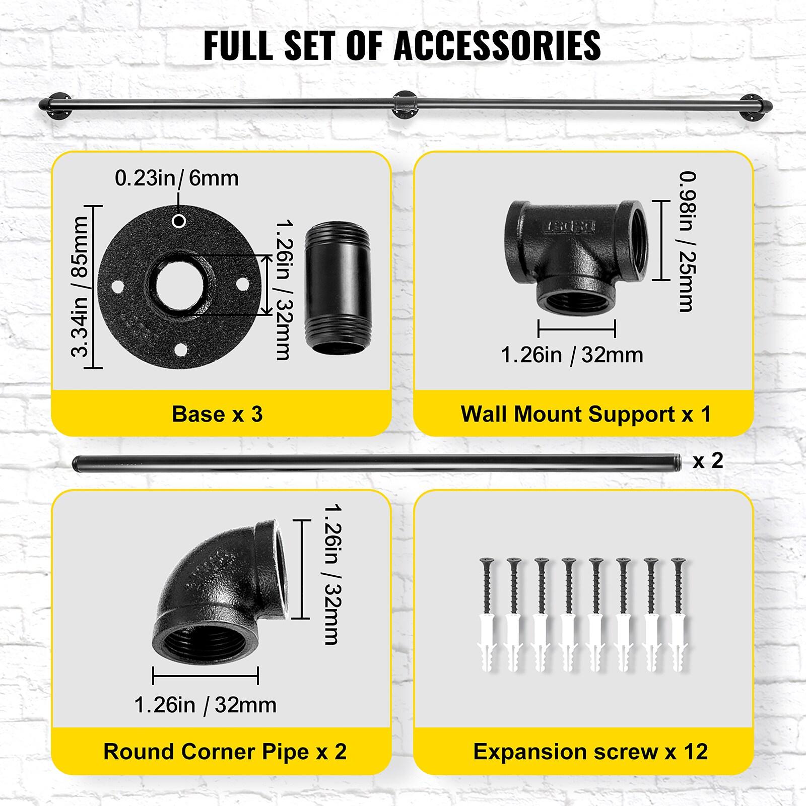 VEVOR Pipe Stair Handrail, 4FT Staircase Handrail, 440LBS Load Capacity Carbon Steel Pipe Handrail, Industrial Pipe Handrail with Wall Mount Support, Round Corner Wall Handrailings for Indoor, Outdoor