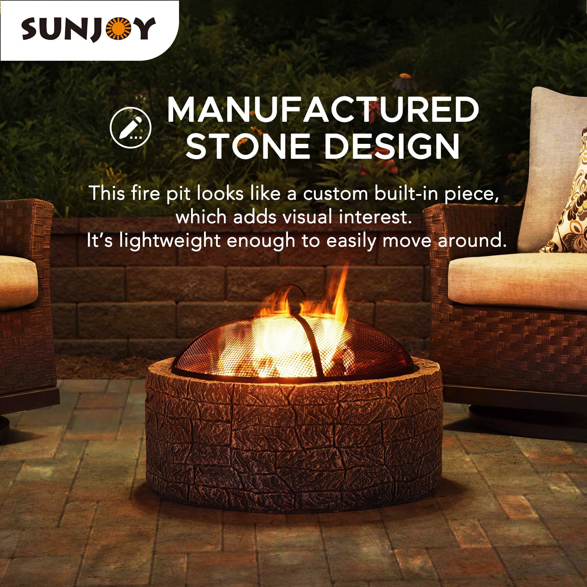 SUNJOY 26 Inch Stone Fire Pit, Patio Outdoor Round Wood Burning Fire Pits for Outside with Spark Screen and Poker, Stone Gray