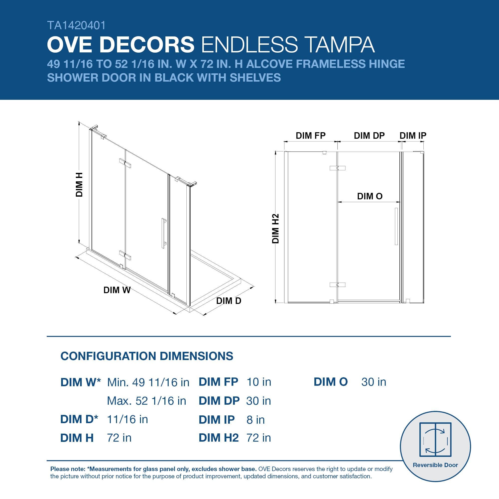 Endless Tampa 52" W x 72" H Alcove Frameless Shower Kit, Door, 2 Panel, Shelves