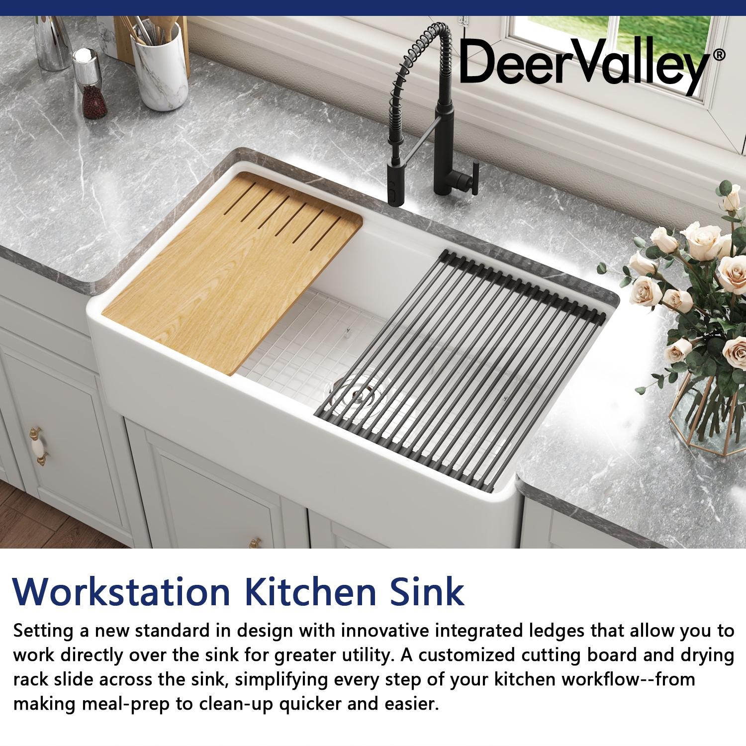 DeerValley 33" L X 20" W Single Basin Workstation Farmhouse Kitchen Sink With Sink Grid, Cutting Board And Dish-Drying Rack