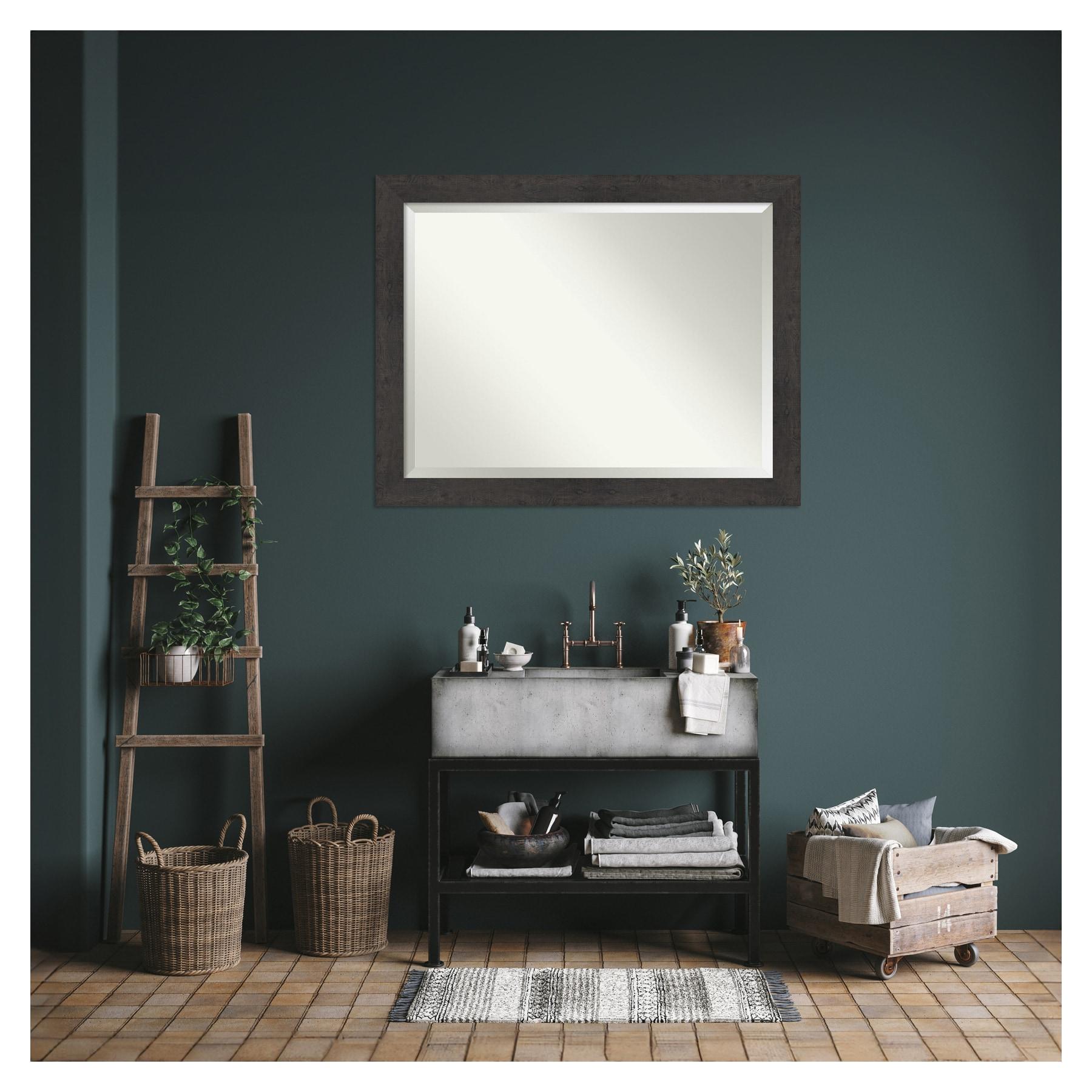 Amanti Art Beveled Bathroom Wall Mirror - Rustic Plank Espresso Frame Outer Size: 45 x 35 in