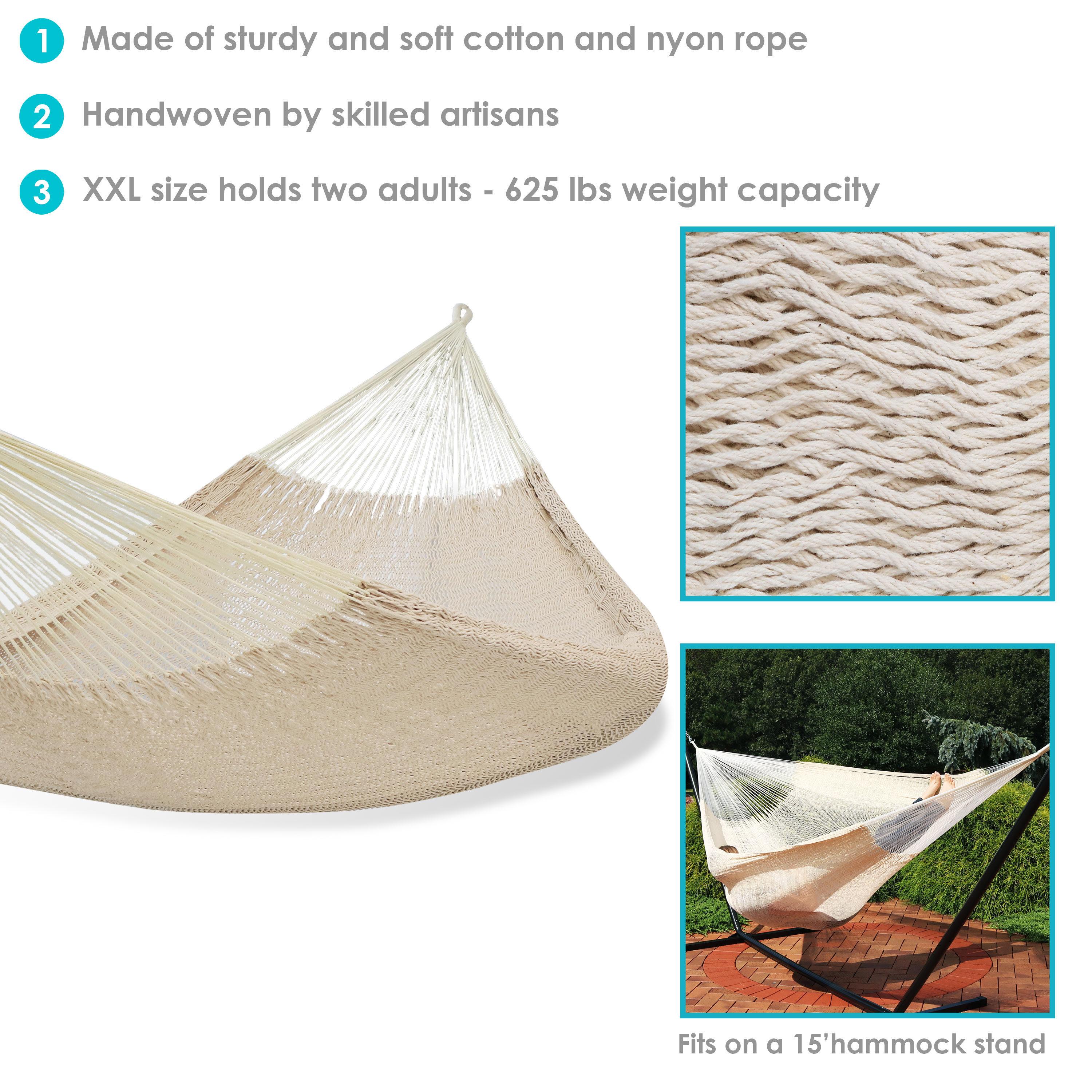 Sunnydaze Hand-Woven XXL Thick Cord Family Size Portable Mayan Hammock with Steel Stand -  400 lb Weight Capacity/15' Stand - Natural