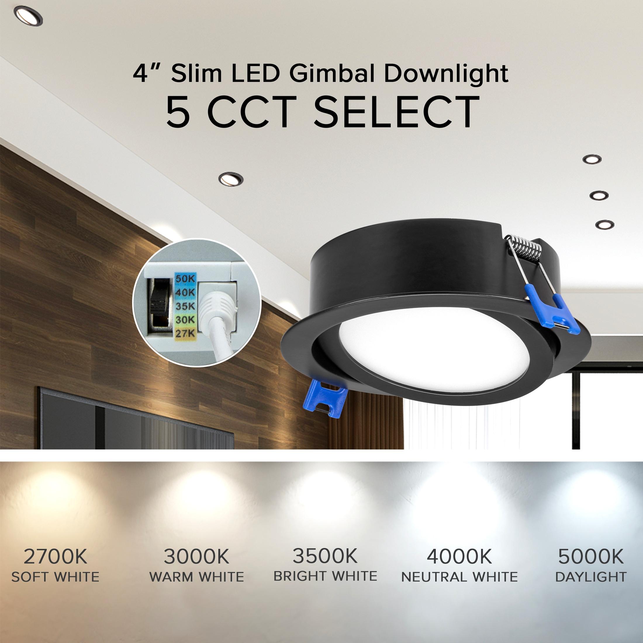 Maxxima 4 in. 5 CCT Ultra-Thin Recessed LED Gimbal Downlight 700 Lumens, Color Selectable 2700K-5000K (2700K/3000K/3500K/4000K/5000K), Dimmable, Canless, Slim IC Rated, Black Trim, J-Box Included