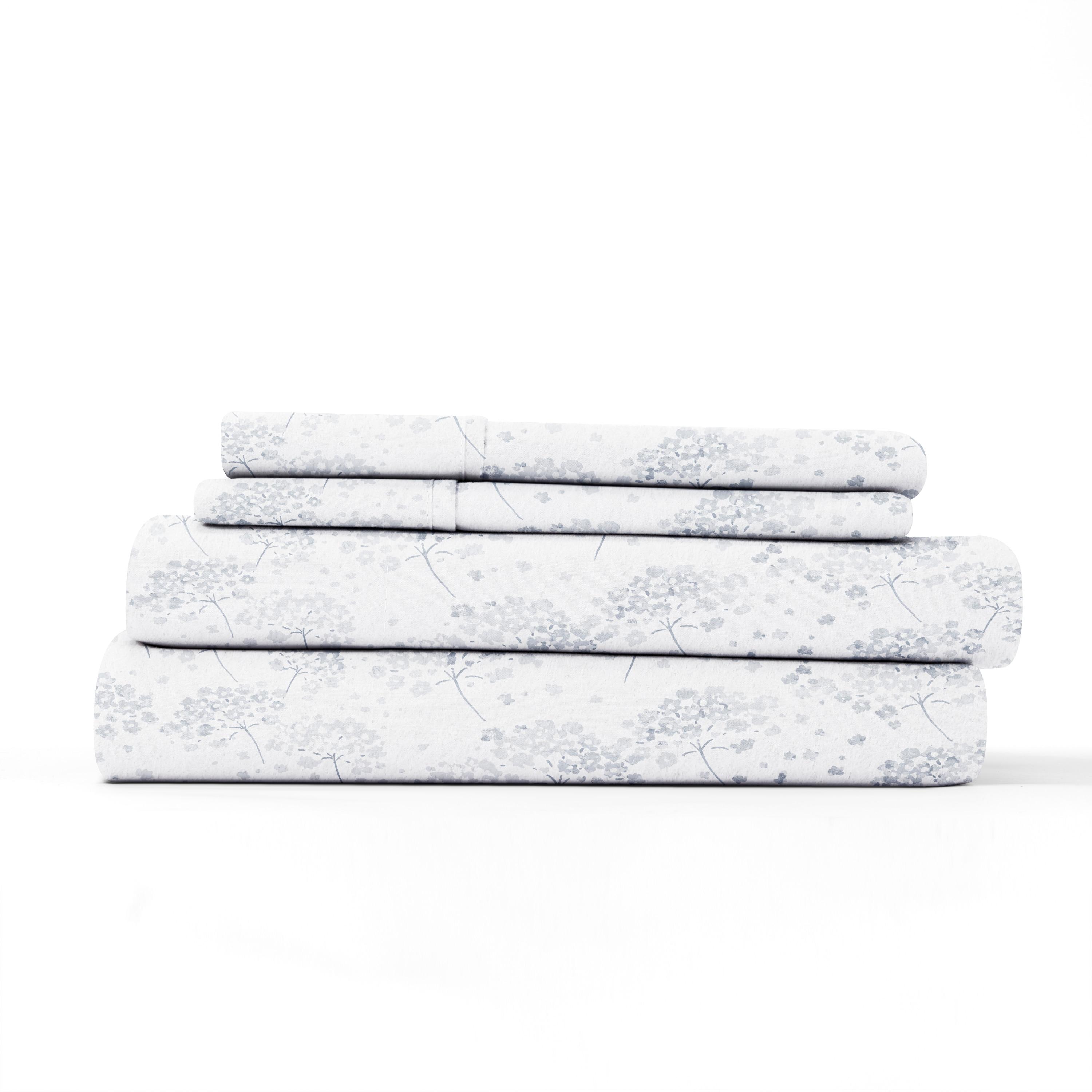 Light Blue Flower Bunch 4 Piece 100% Cotton Flannel Deep Pocket Sheet Set, Twin, by Noble Linens