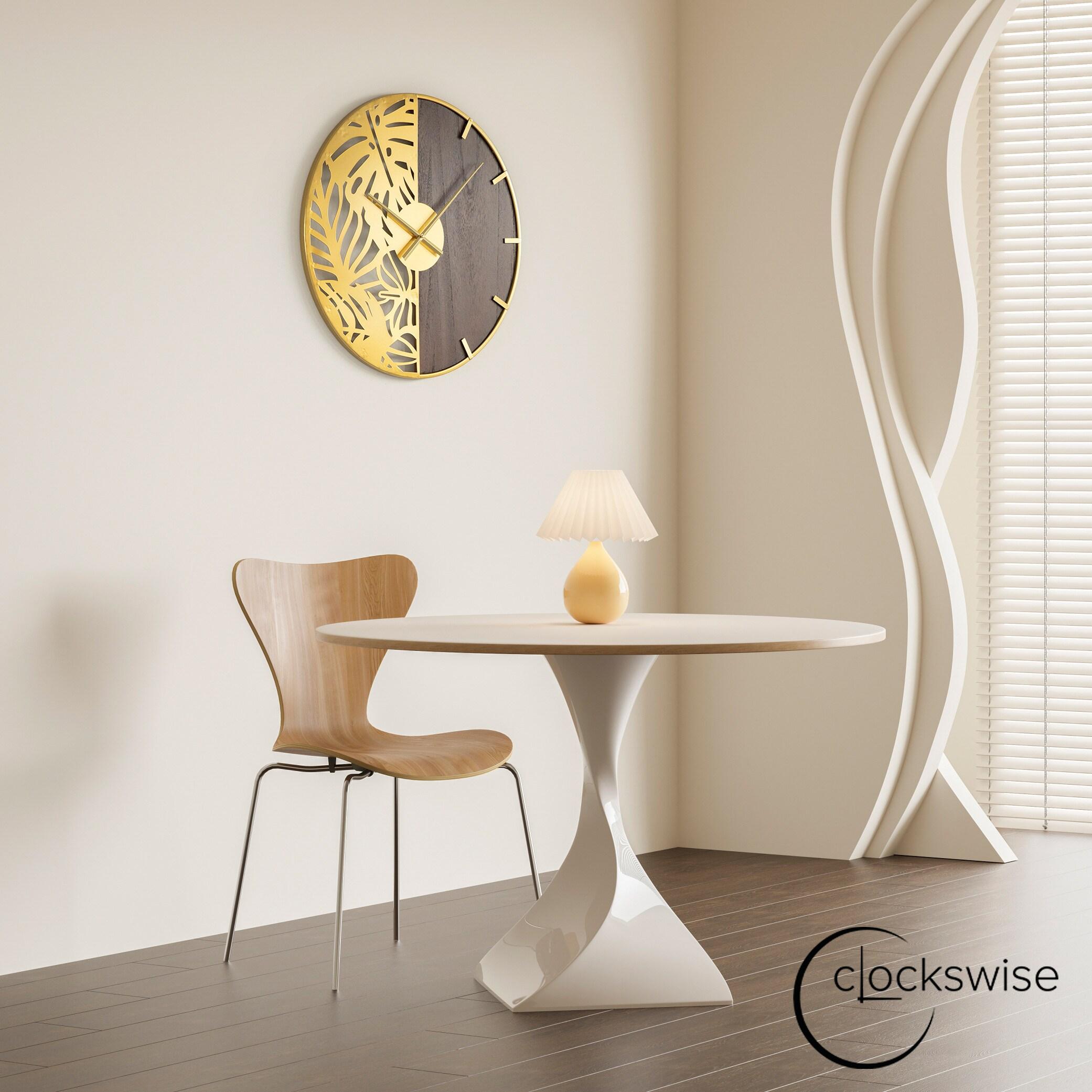 Clockswise 23.6” Round Big Wall Clock, brown wood and gold Metal with Leaf Cutout for Entryway Office Living Room or Kitchen, Hanging Supplies Include