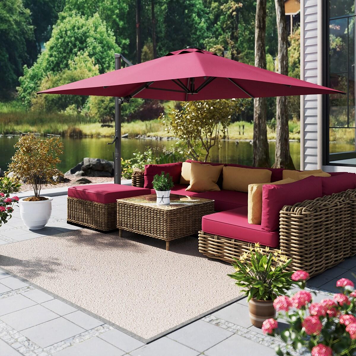 Mondawe 10x13 FT Cantilever Umbrella Large Offset Umbrella with 360°Rotation and LED Light Panel Cantilever Patio Umbrella for Backyard, Pool & Garden, Red