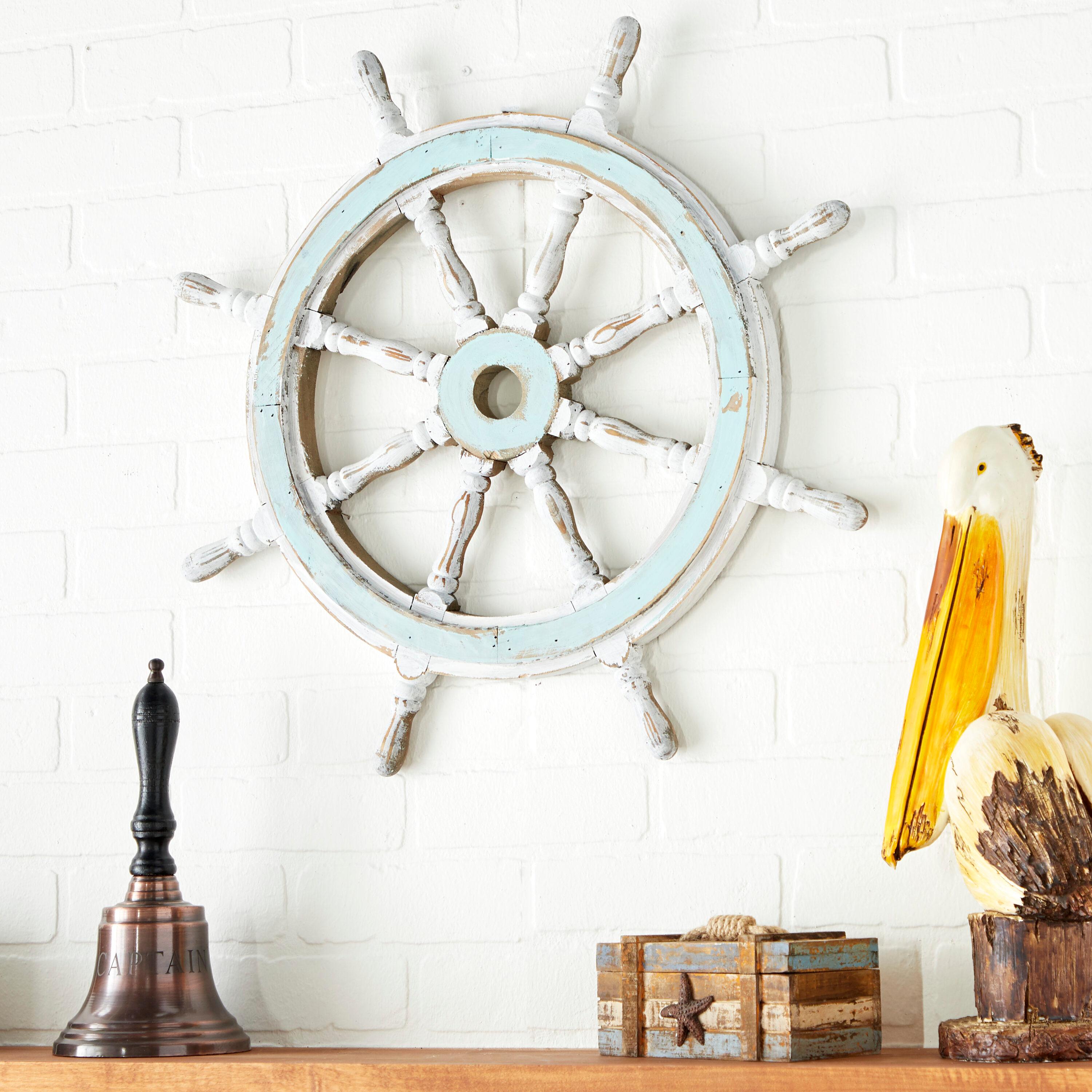 DecMode Blue Wood Ship Wheel Sail Boat Wall Decor with Distressing